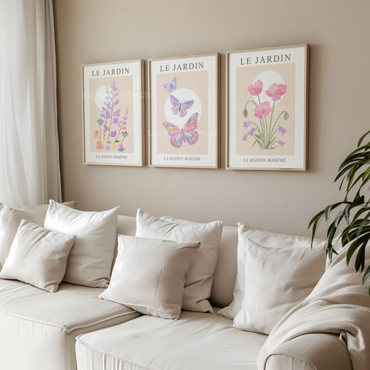 Le Jardin pastel floral triptych – minimalist boho chic gallery wall set, printable French vintage farmhouse botanical art for living room decor