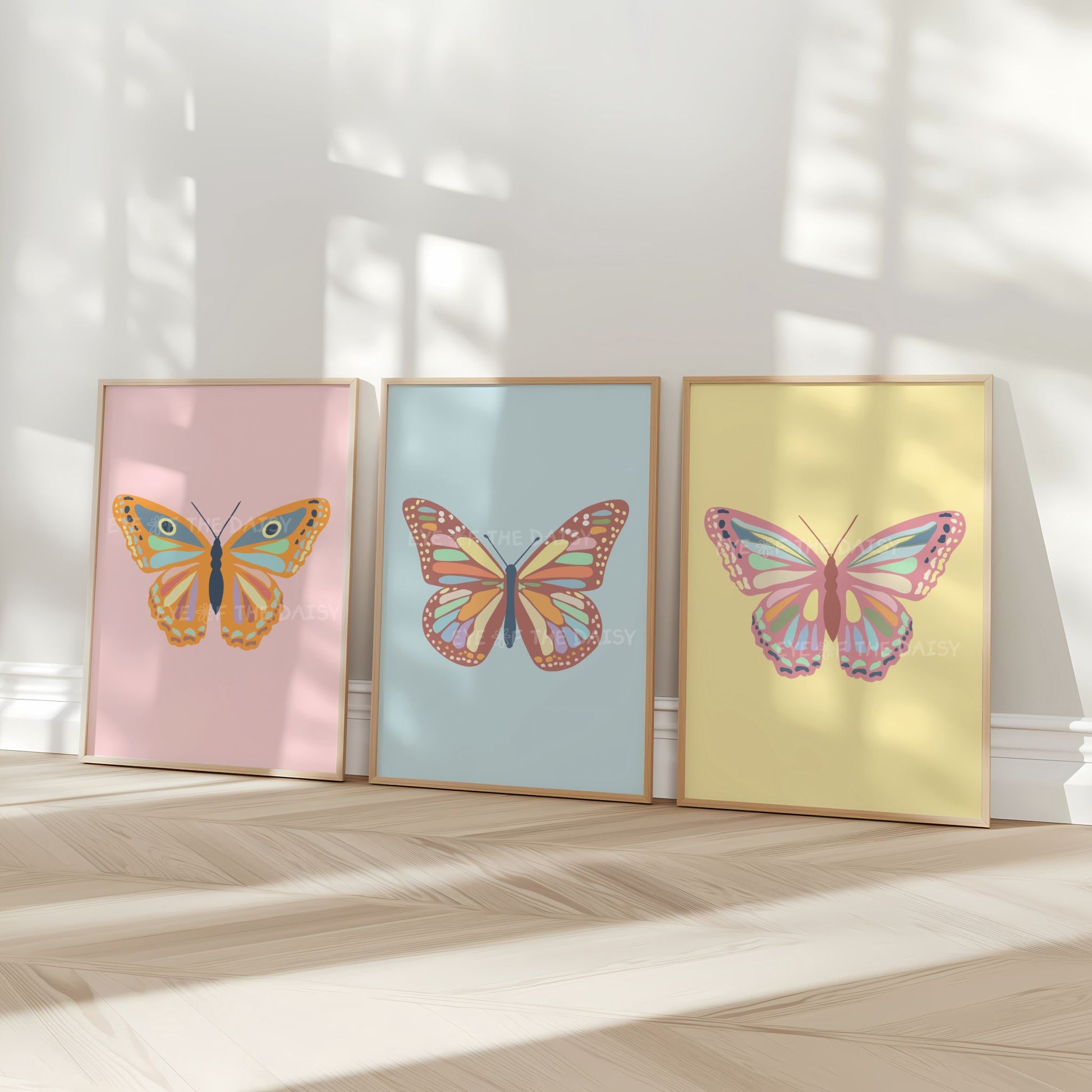 Whimsical butterfly printable wall art set of 3 for soft pastel nursery decor, digital poster download, cute vintage prints for baby girl room