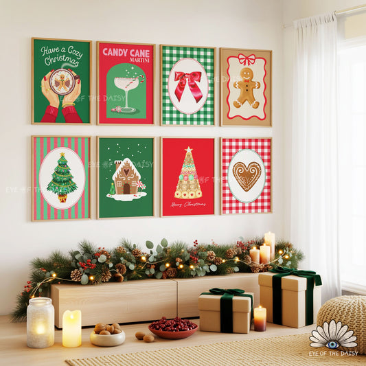 Set of 8 Vintage Christmas Prints Digital Download | Retro Holiday Printable Wall Art