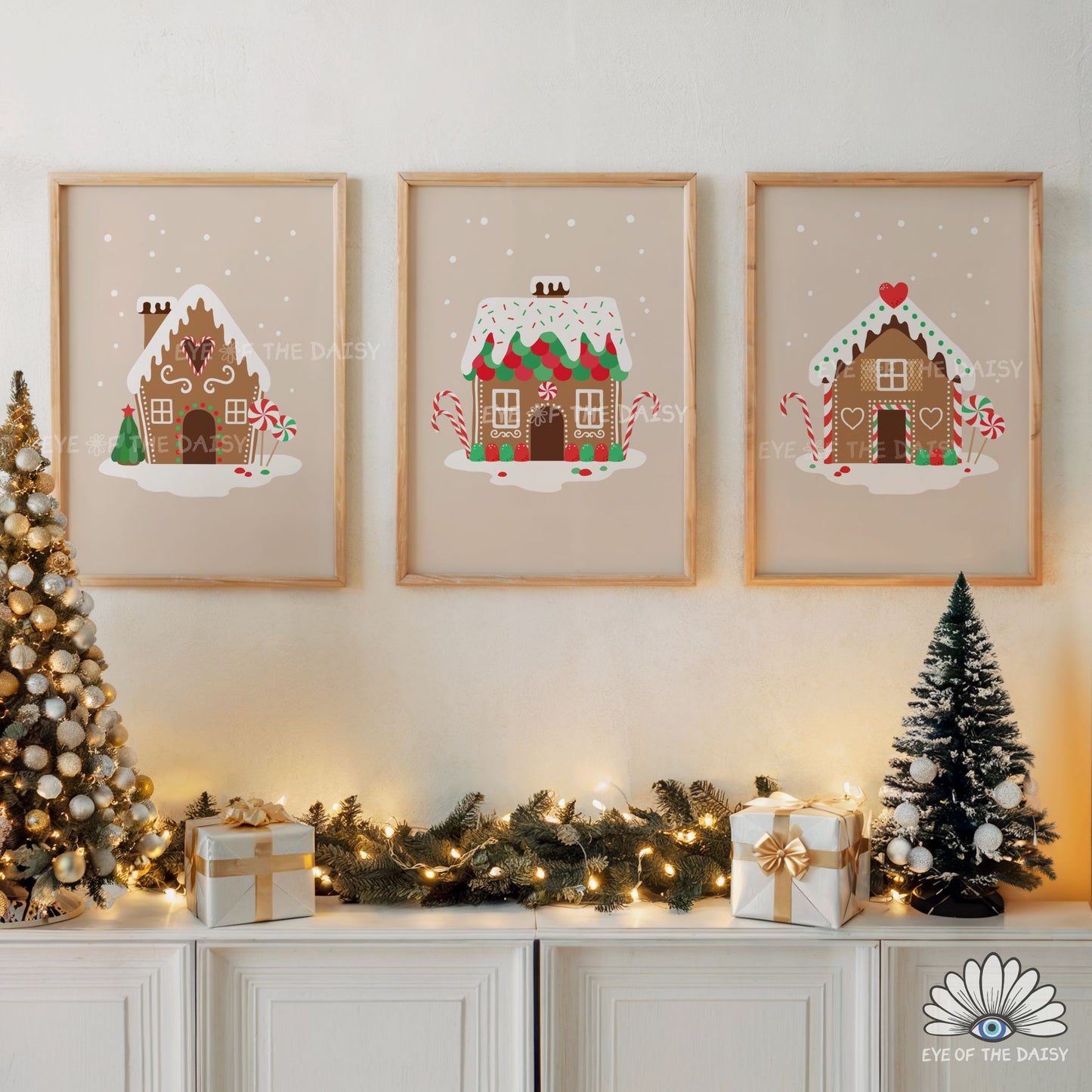 Set of 3 Gingerbread House Prints Digital Download | Traditional Christmas Printable Wall Art