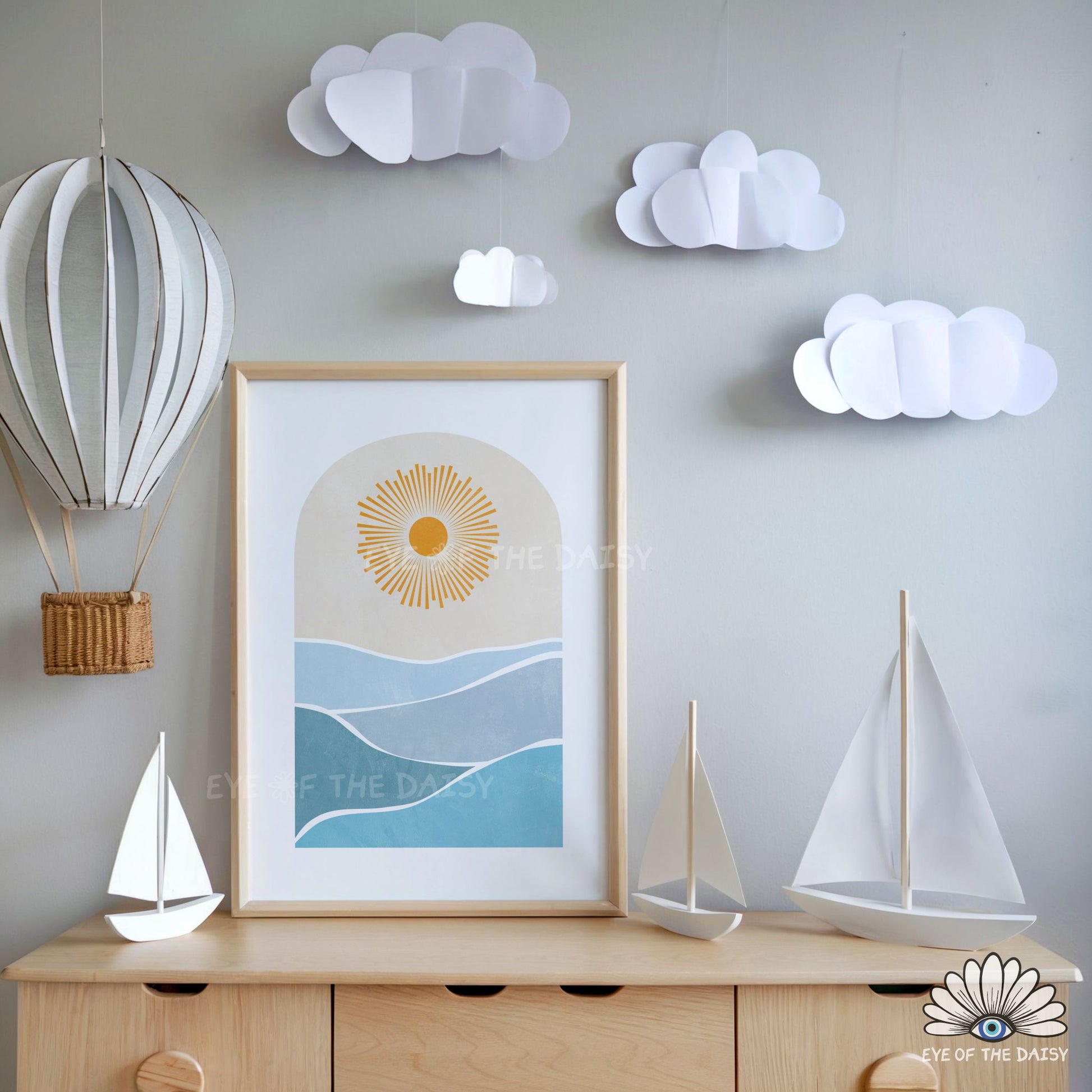 Modern boho seascape, ocean waves printable wall art for nursery or children's room decor