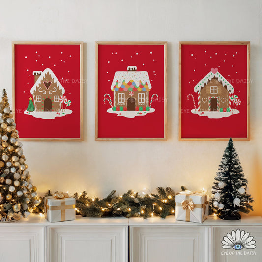 Set of 3 Gingerbread House Prints Digital Download | Vintage Christmas Printable Wall Art
