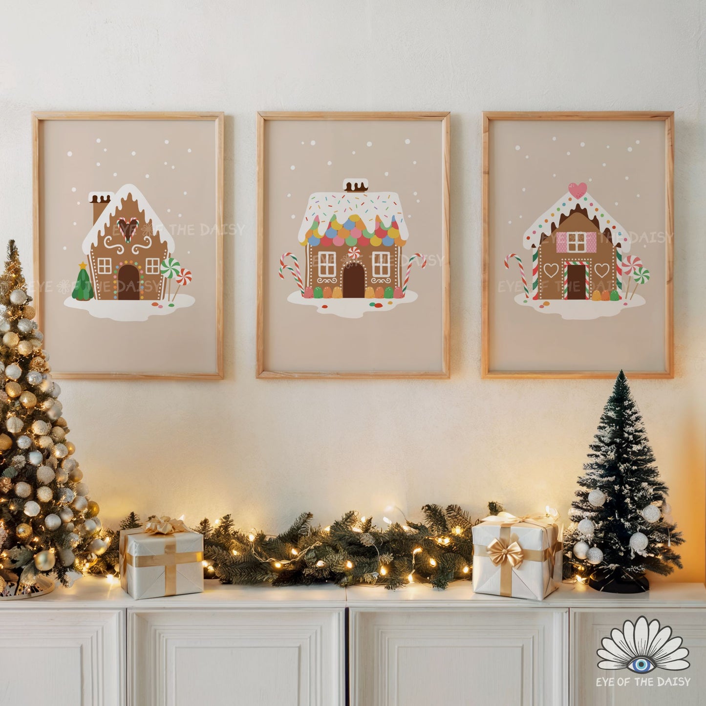 Set of 3 Gingerbread House Prints Digital Download | Cute Christmas Printable Wall Art