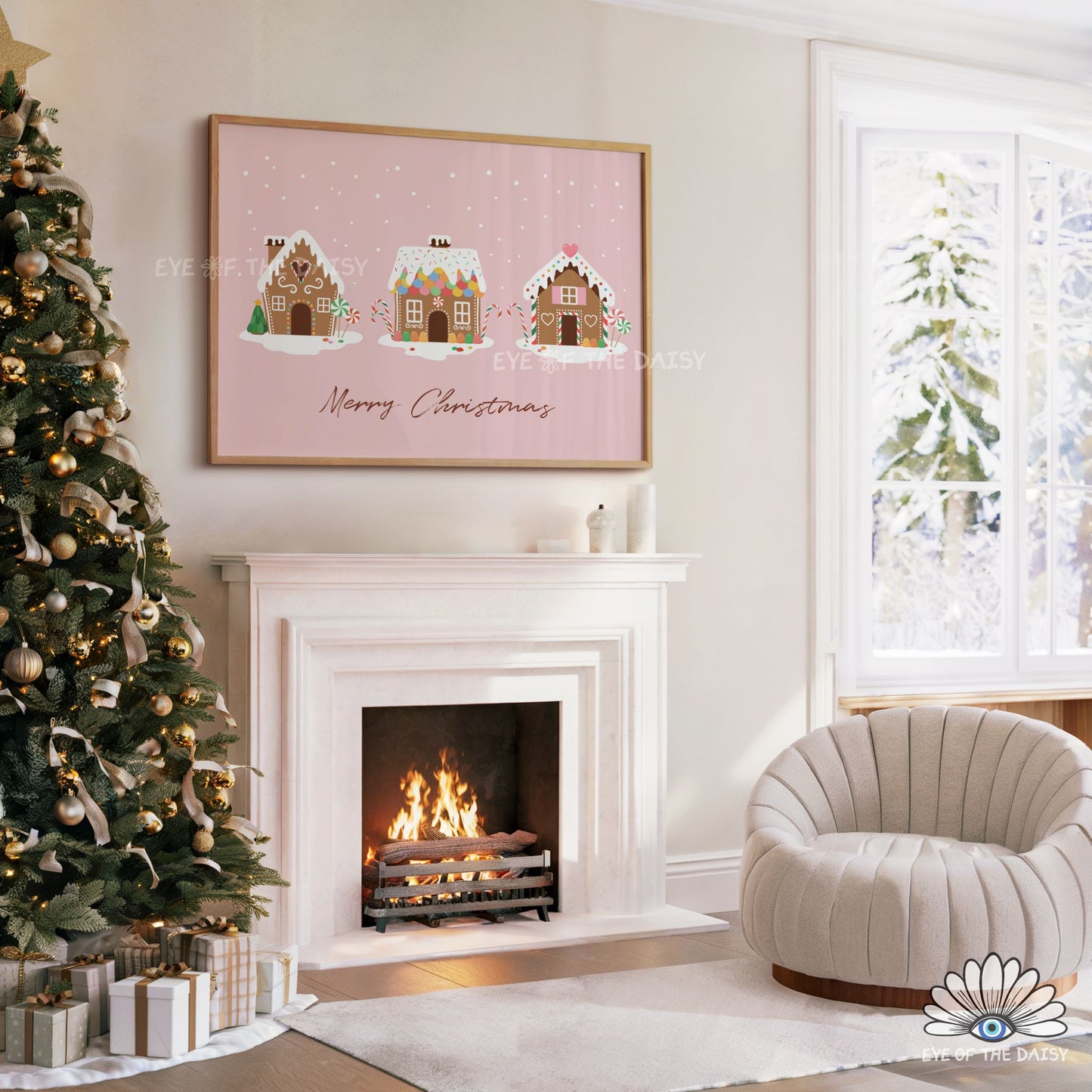 Pink Gingerbread House Print Digital Download | Cute Horizontal Christmas Printable Wall Art