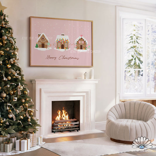 Pink Gingerbread House Print Digital Download | Cute Horizontal Christmas Printable Wall Art