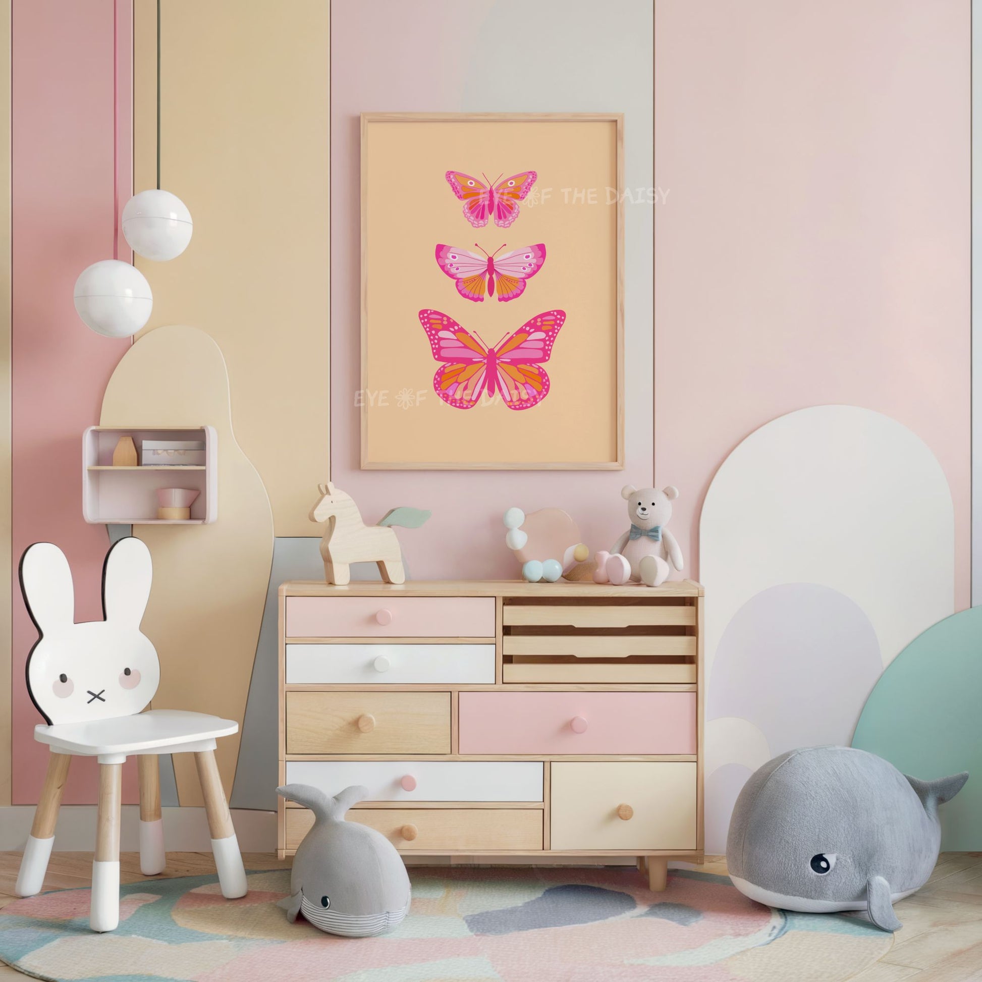 Pink and orange butterfly print, boho nursery wall decor digital download for toddler girl’s room, retro printable butterfly poster