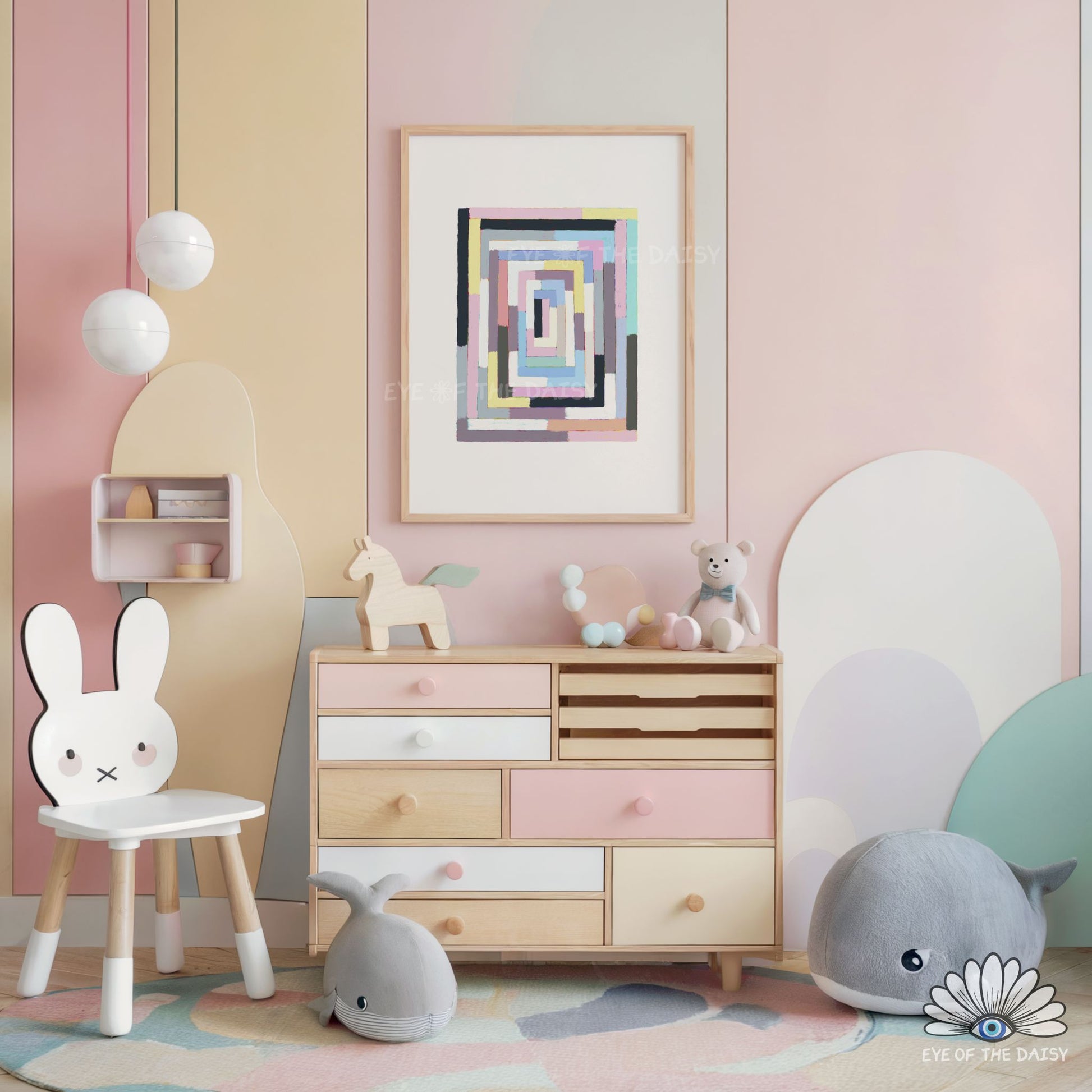 Modern mid century inspired pastel geometric printable wall art, soft colour printable wall art for children's room or nursery