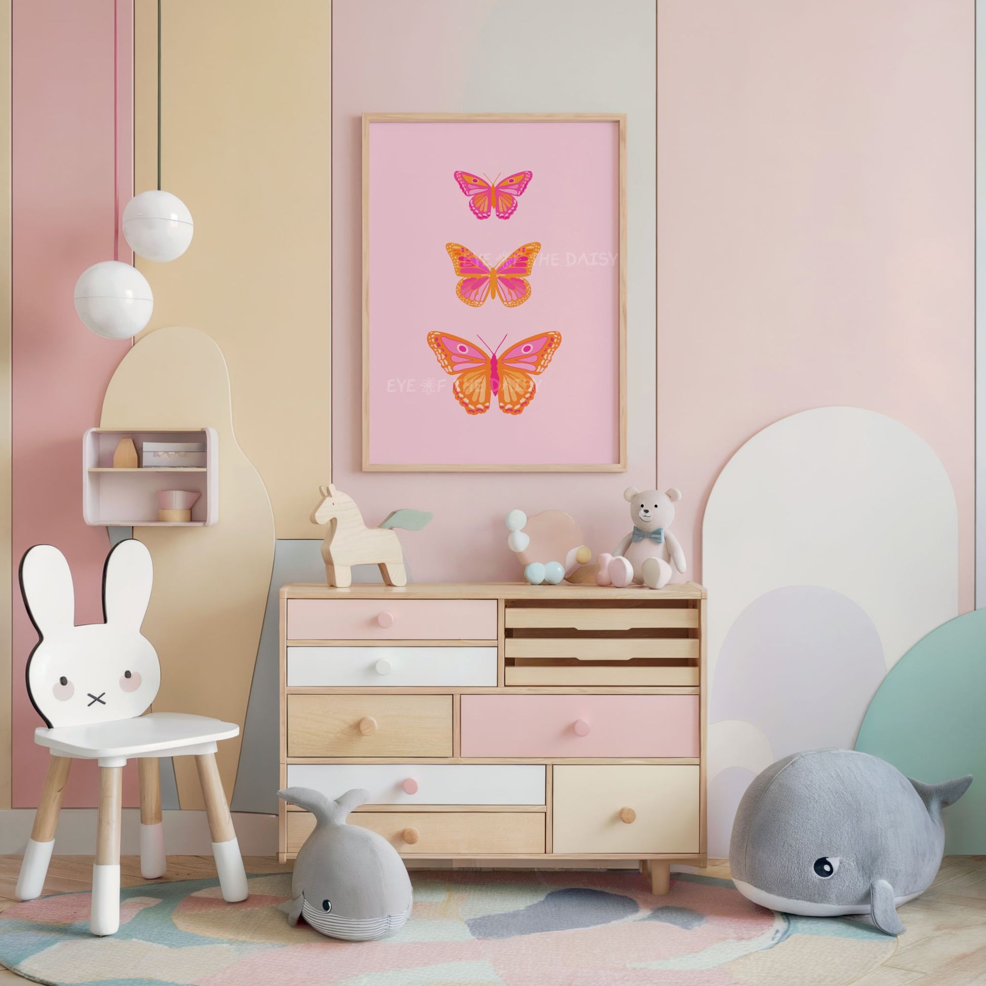 Printable butterfly artwork in pink and orange, perfect for boho nursery or toddler girl's room decor, instant download wall print