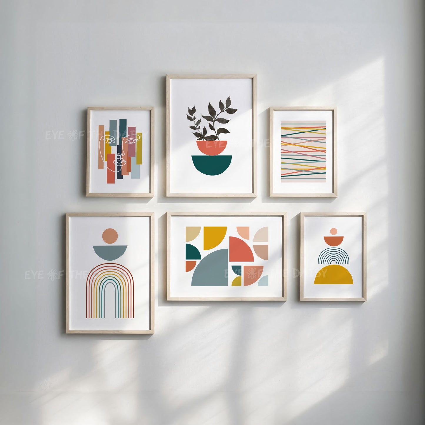 Mid century modern geometric shapes printable poster set – modern abstract downloadable prints in retro colors for home office decor