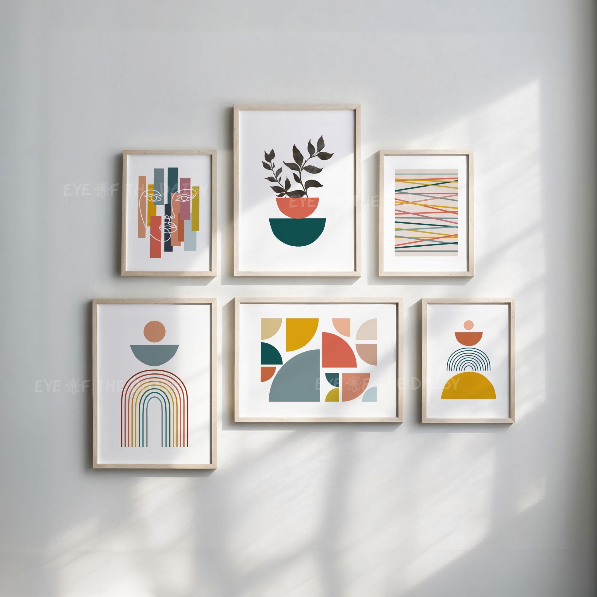 Mid century modern geometric shapes printable poster set – modern abstract downloadable prints in retro colors for home office decor