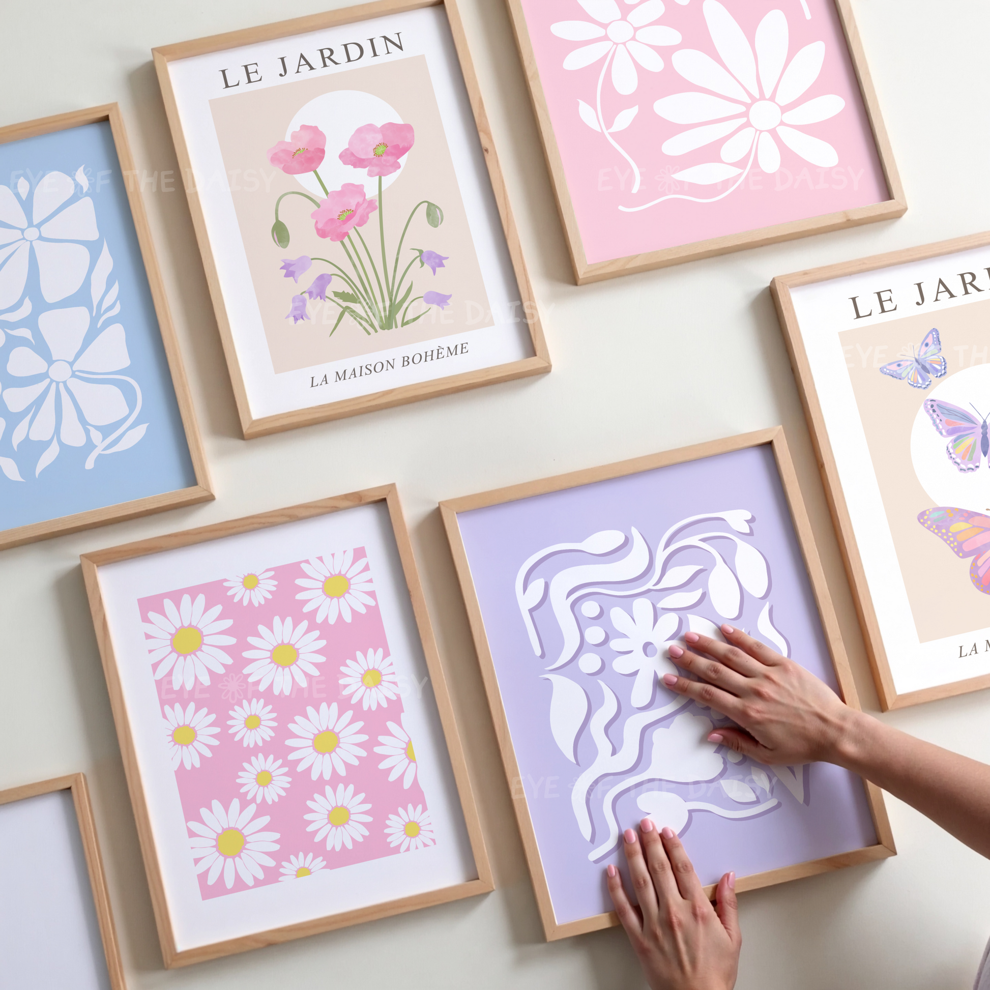 6 piece printable floral wall decor — minimalist pastel abstract flower prints in pink, blue and lilac, ideal for dorm or girly bedroom walls