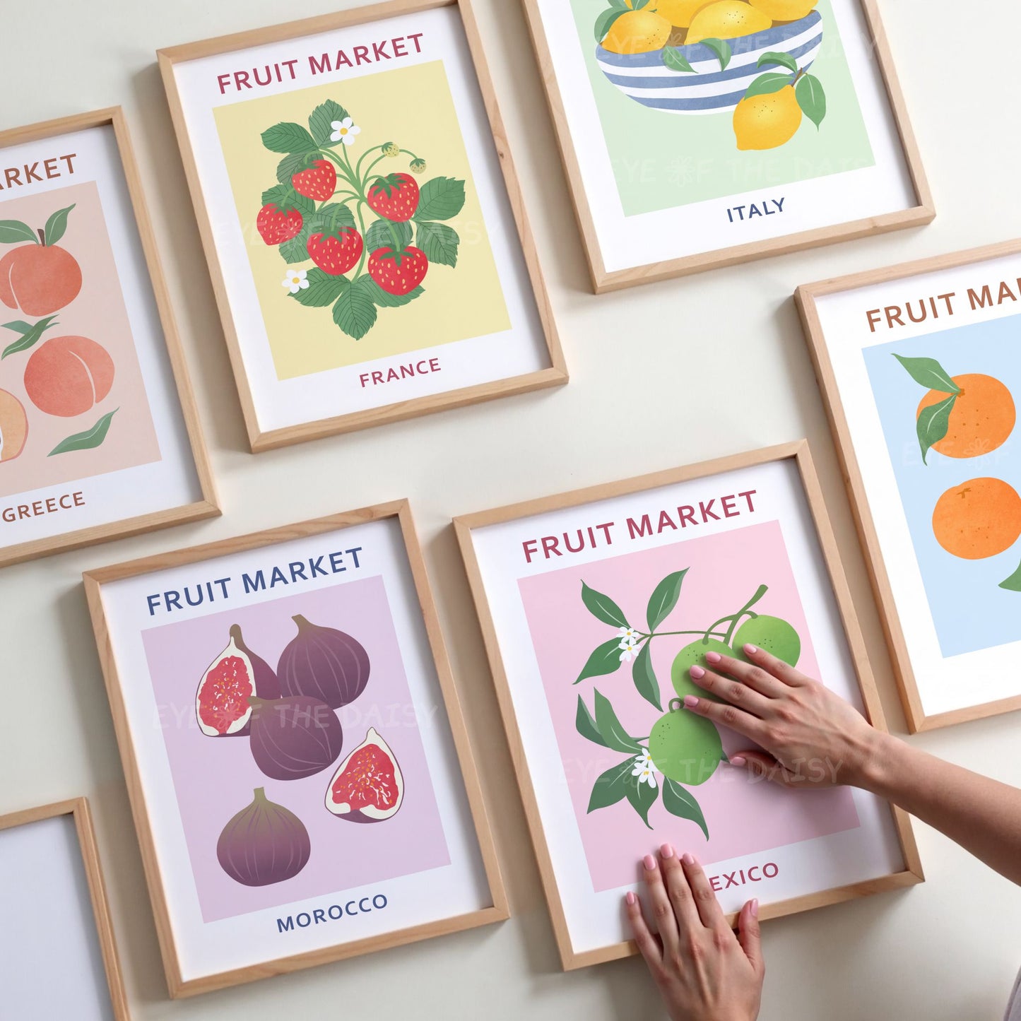 Fruit Market print set of 6 featuring bowl of lemons, limes, and peaches — colourful digital download art for kitchen or dining room