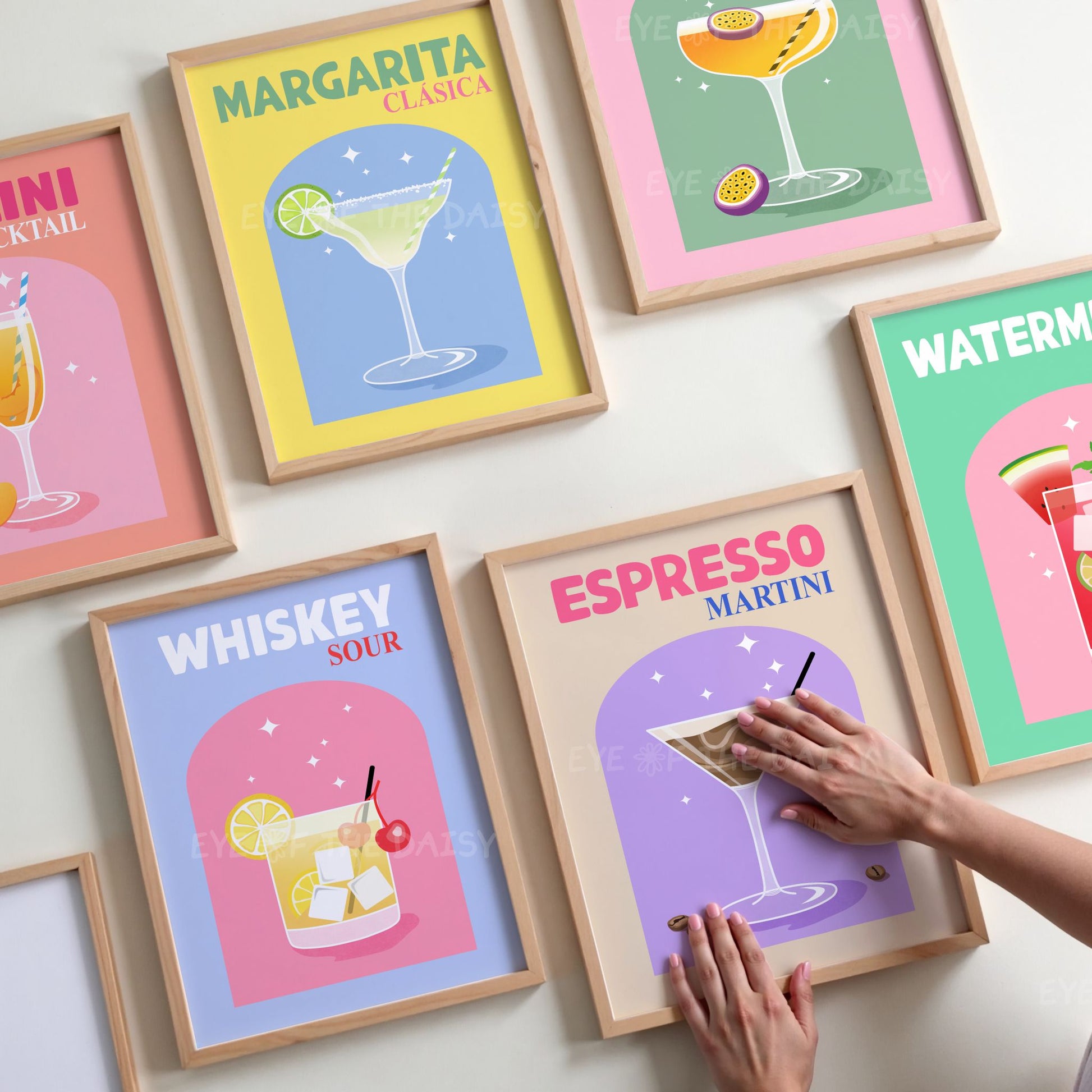 Set of 6 cocktail digital downloads in retro-modern style, perfect for colorful gallery wall or eclectic home decor space