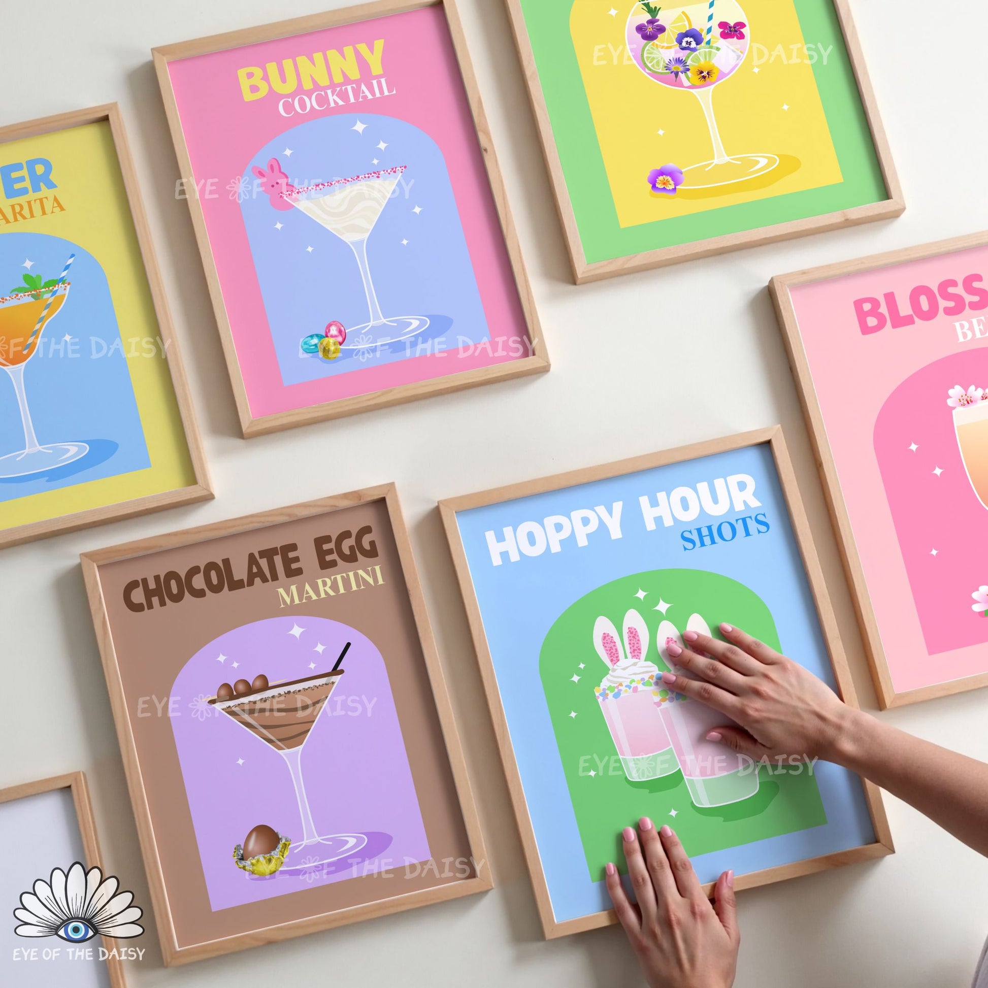 Easter cocktail printable wall art set, 6-piece colorful wimsical Spring bar cart wall art bundle