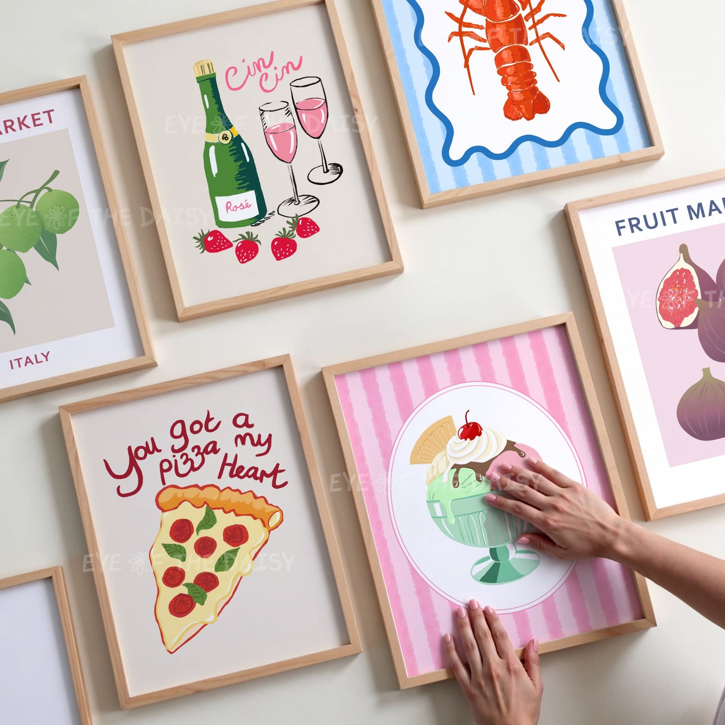 Set of 6 trendy food & drink digital download prints with fruit market, Cin Cin Italian, hand drawn lobster, funny pizza phrase and gelato designs