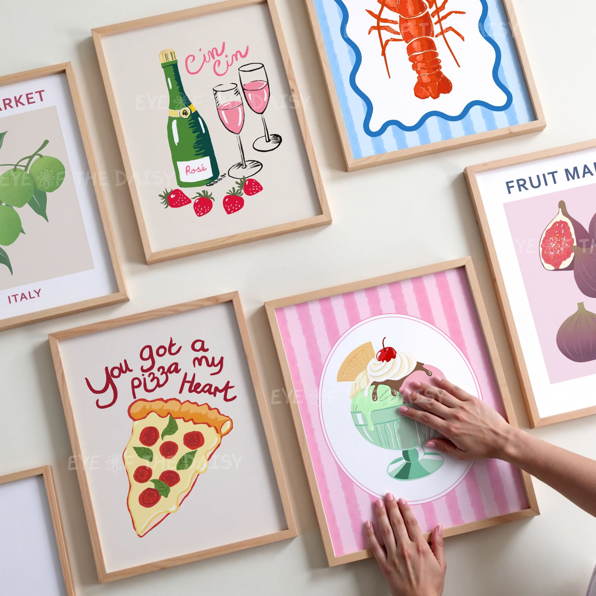 Set of 6 trendy food & drink digital download prints with fruit market, Cin Cin Italian, hand drawn lobster, funny pizza phrase and gelato designs