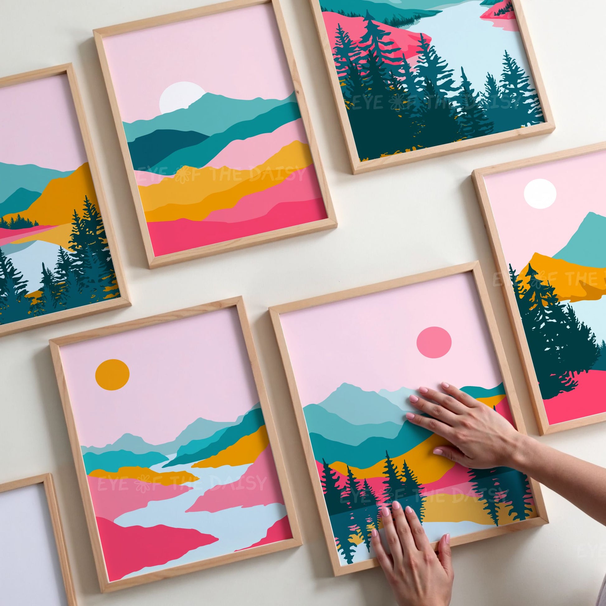 Mid-century modern abstract landscape set of 6 – bold pink, teal, and orange prints, downloadable art for colorful living room decor