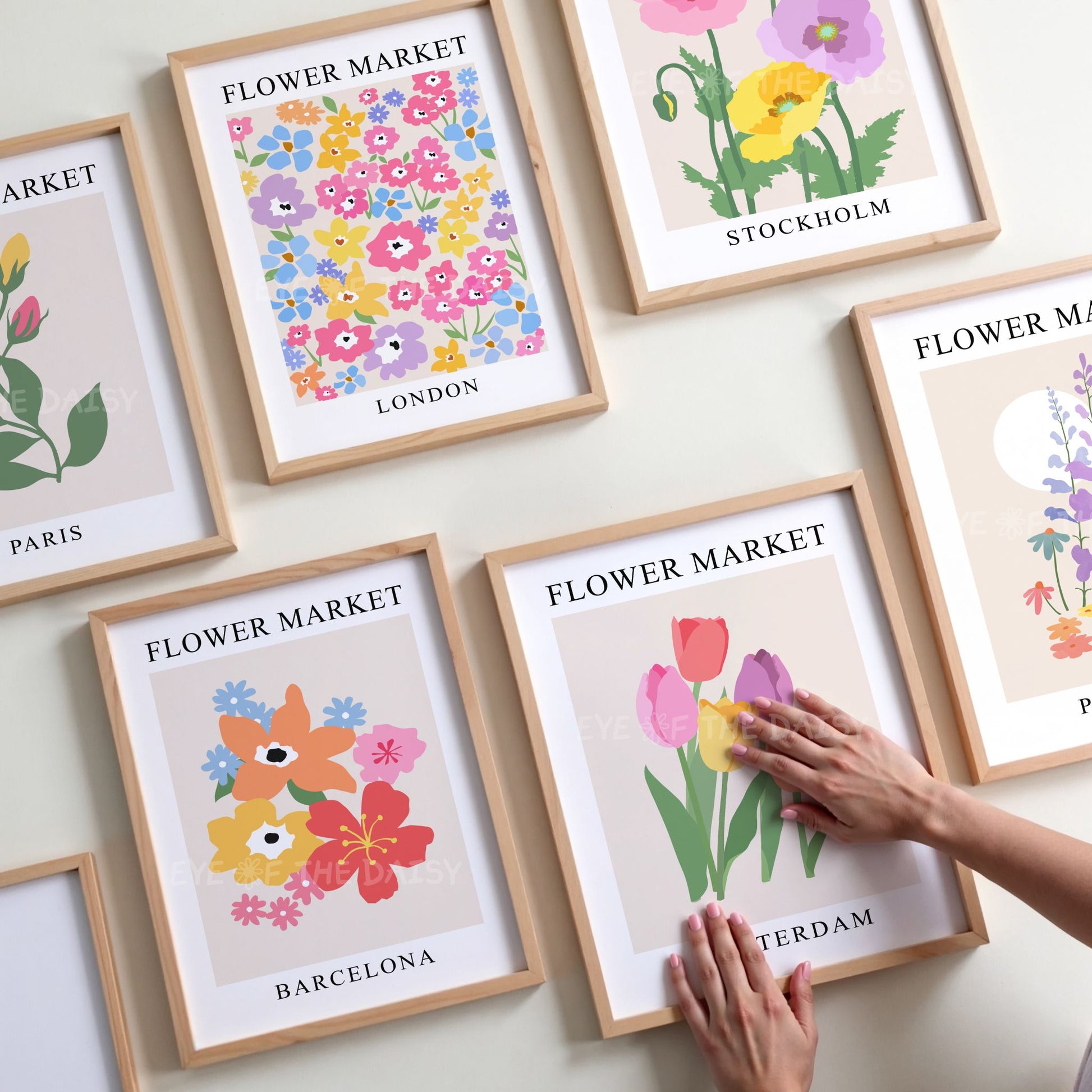 Colourful vibrant modern floral prints set of 6 with 'Flower Market' and trendy abstract flower illustrations, gallery wall set decor