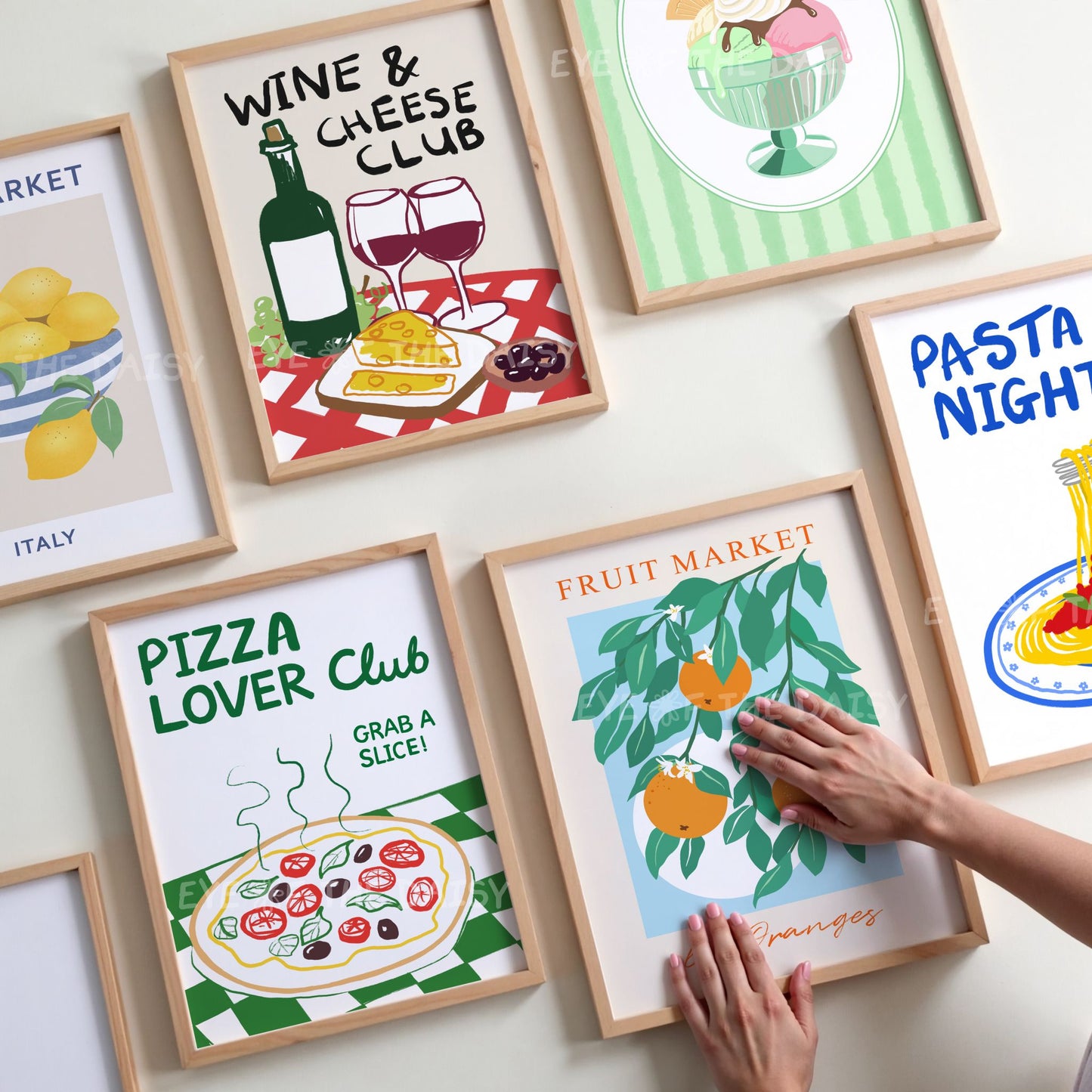 Trendy gallery wall set of 6 hand drawn foodie art prints in dining room – modern digital download posters for printable kitchen decor