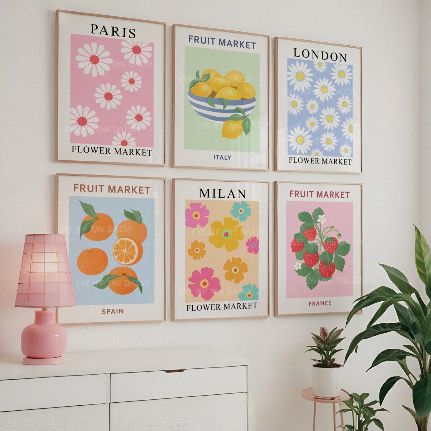 Modern abstract floral and fruit market print set of 6 — cute flowers printable wall art, ideal dopamine decor for a trendy Scandinavian bedroom