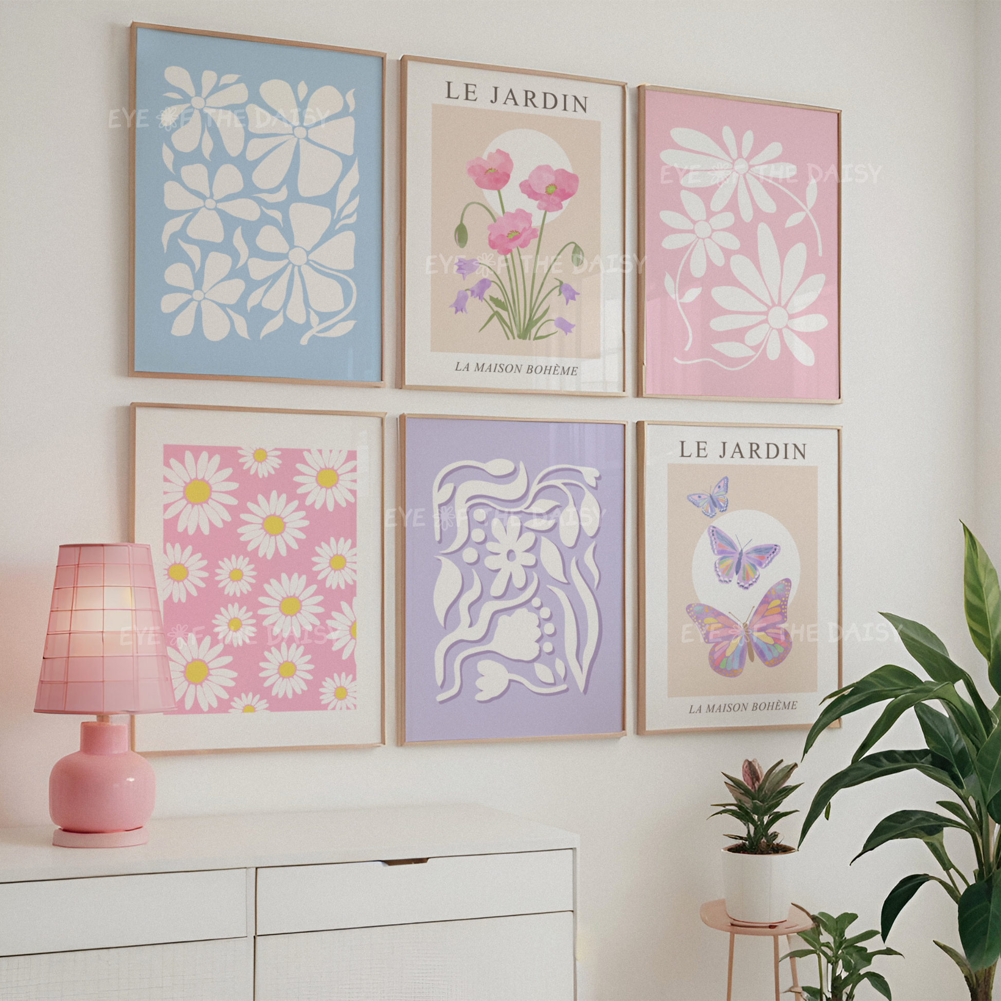 Minimal floral gallery wall set of 6 — modern printable wall art with abstract pastel flowers, perfect for dorms or feminine bedroom decor