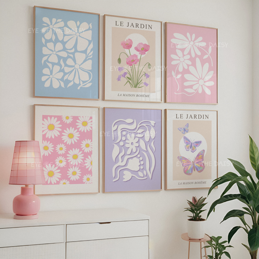 Minimal floral gallery wall set of 6 — modern printable wall art with abstract pastel flowers, perfect for dorms or feminine bedroom decor