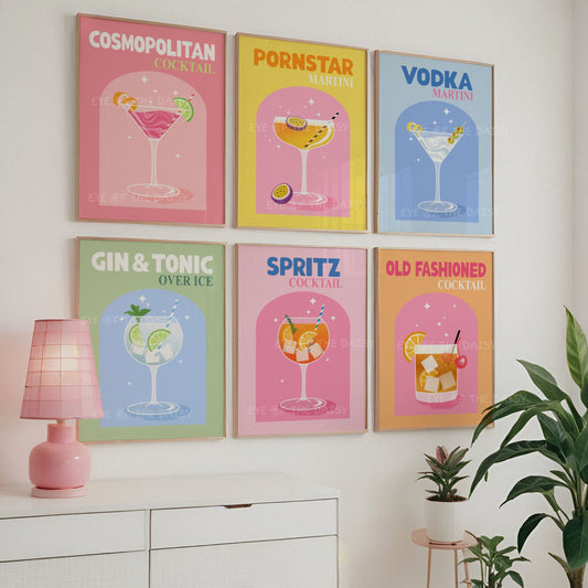 Set of six retro colourful drinks posters in a modern trendy dorm room, great for a home bar or bar cart decor