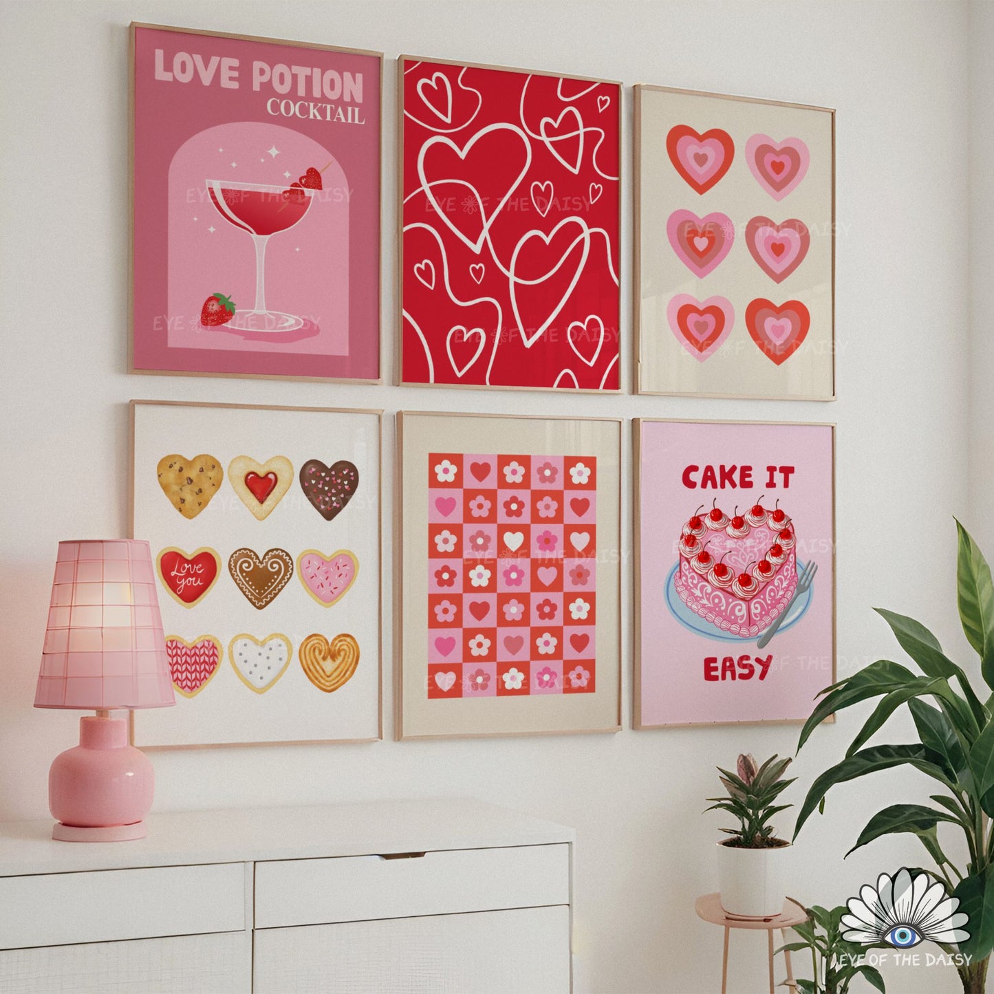Valentine’s Day gallery wall set of 9 hand drawn digital prints, red and pink printable posters for apartments, dorm rooms