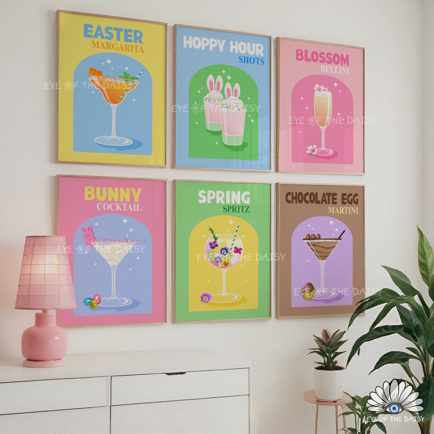 Colourful retro Easter cocktail posters, colorful Spring cocktail Easter bar signs