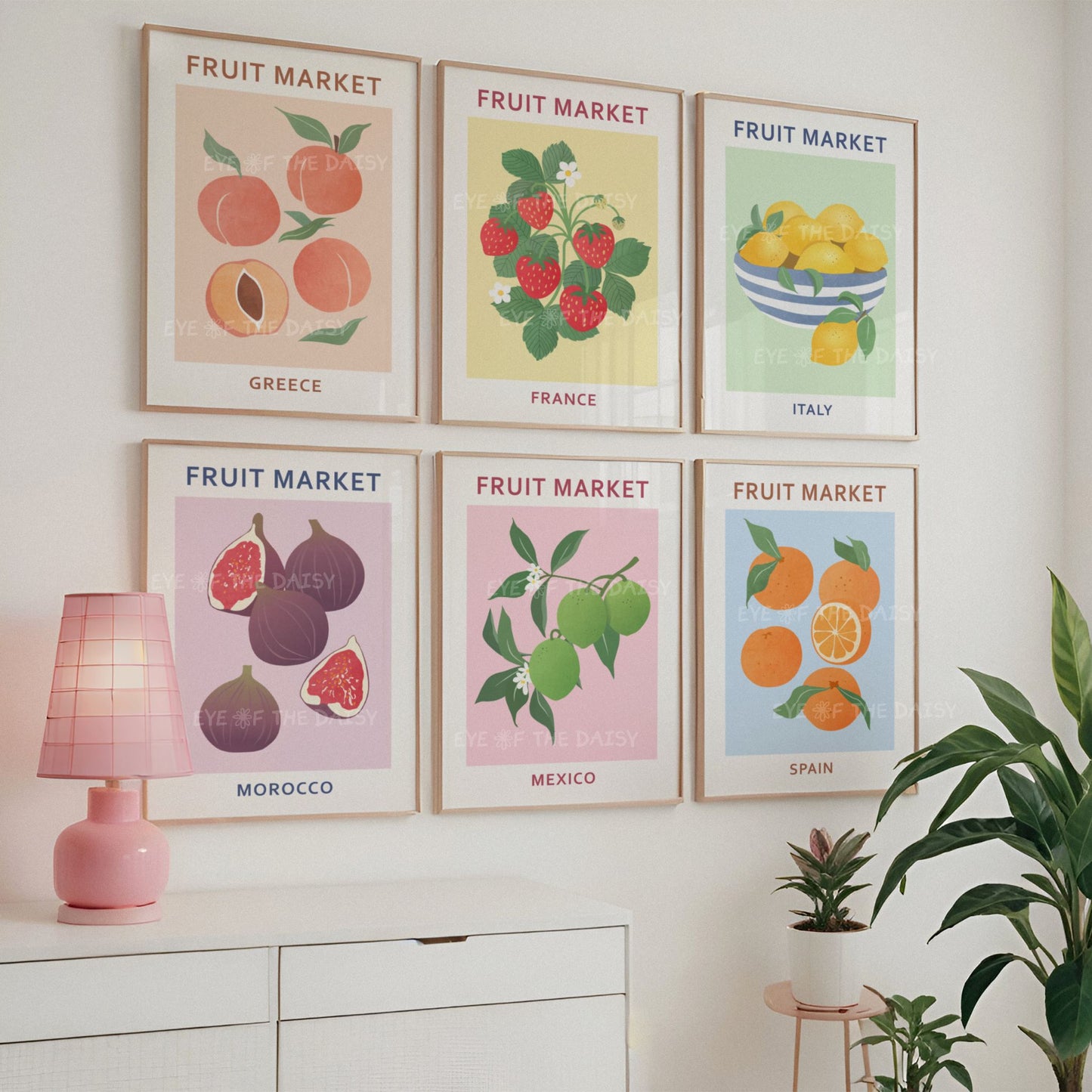 Printable gallery wall set with abstract fruits — poster download perfect for bright colourful living room with modern Mediterranean vibes