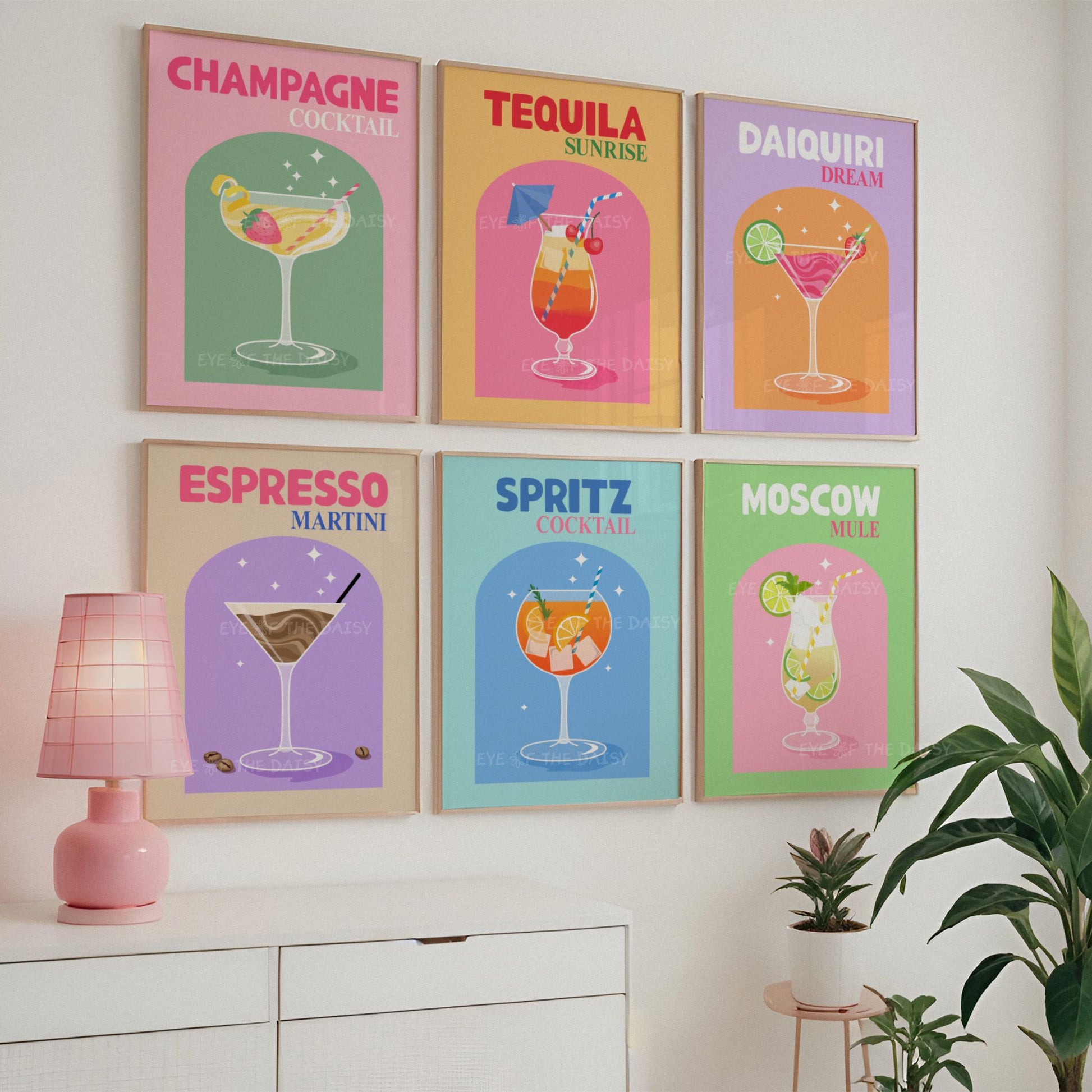 6 piece set of 6 retro colourful drinks prints in bright colours on the wall of a trendy dorm room