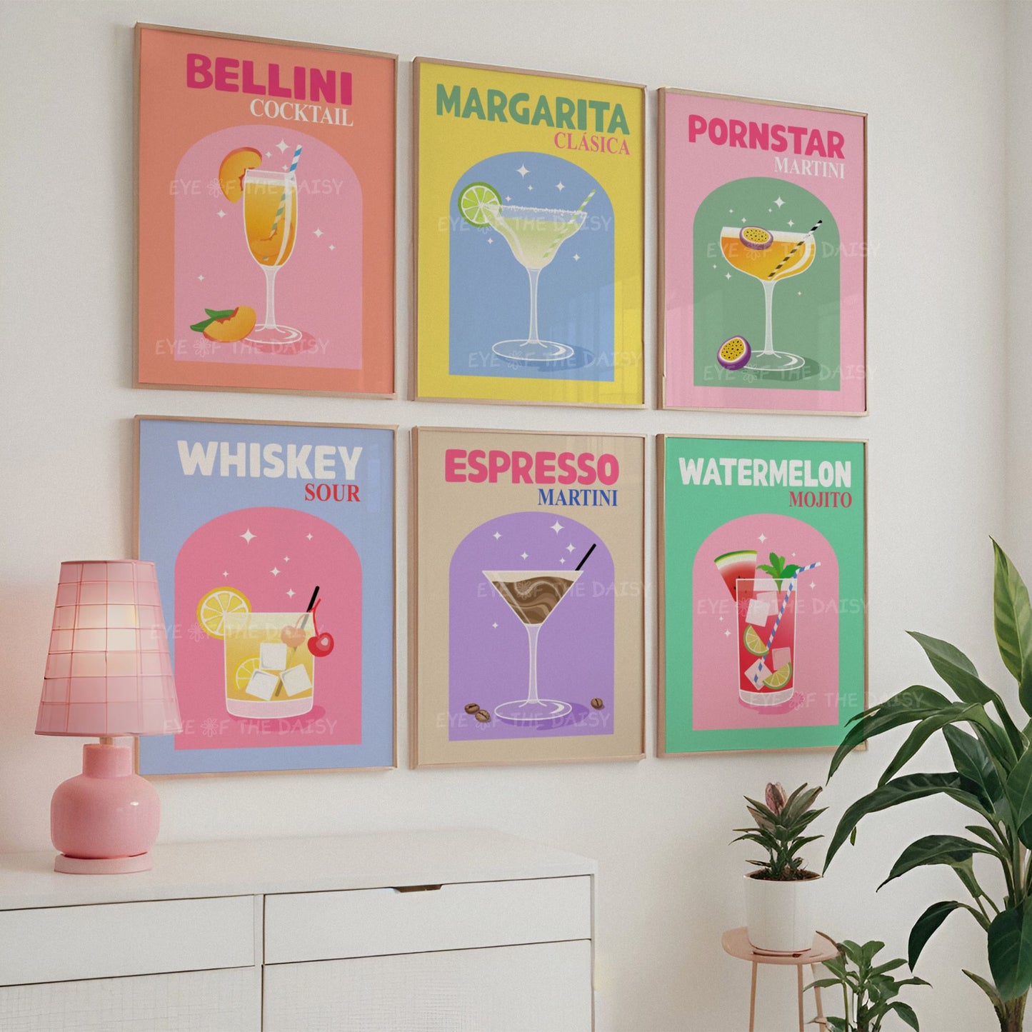 Funky cocktail poster set of 6, colorful printable wall art for trendy dorm room or college apartment collage wall decor