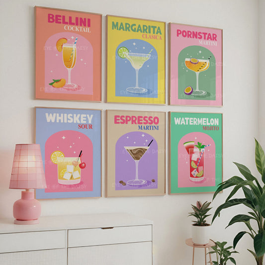 Funky cocktail poster set of 6, colorful printable wall art for trendy dorm room or college apartment collage wall decor