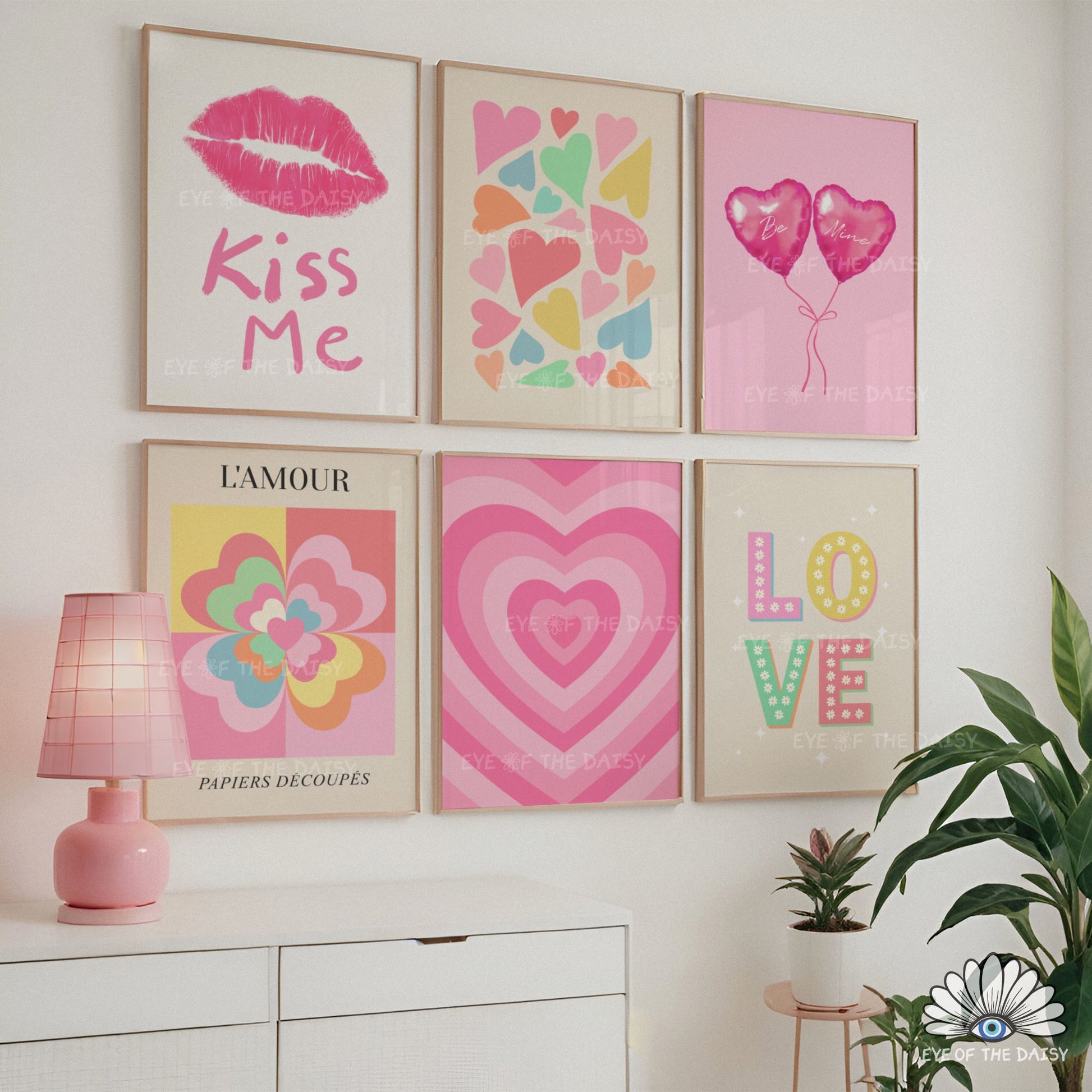 Valentine’s Day gallery wall set, hand drawn digital download, 6 pastel printable posters for dorm rooms, bedrooms, or modern preppy interiors, cute girly style