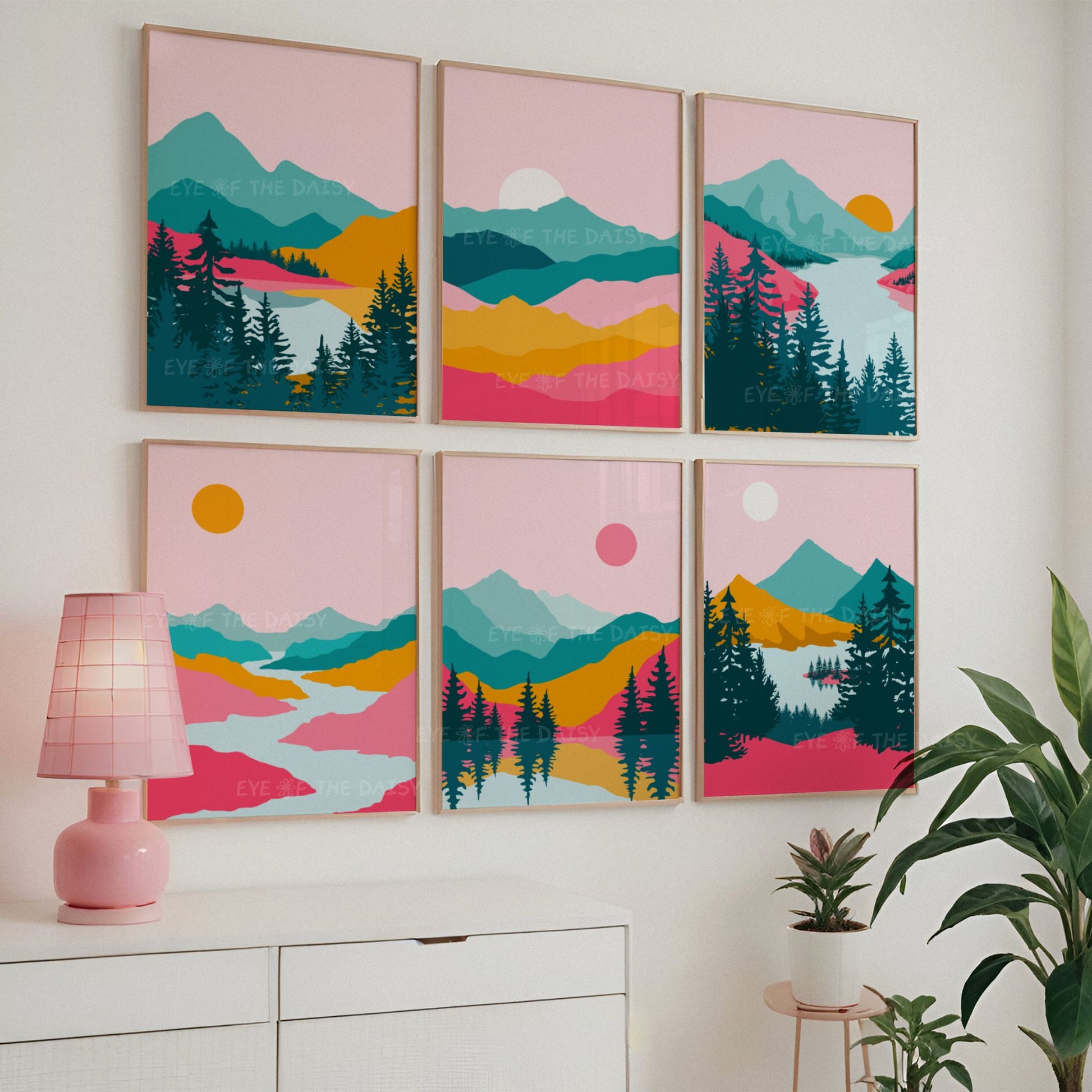 Vibrant retro bedroom wall art – set of 6 colourful abstract mountain prints, hot pink, orange and teal downloadable art for bold gallery wall