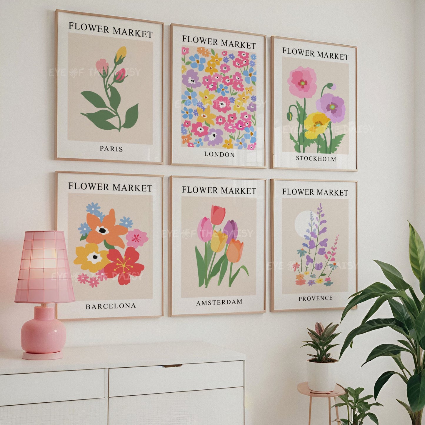Trendy 'Flower Market' print set of six, with colourful abstract floral designs, makes great modern Scandi wall decor