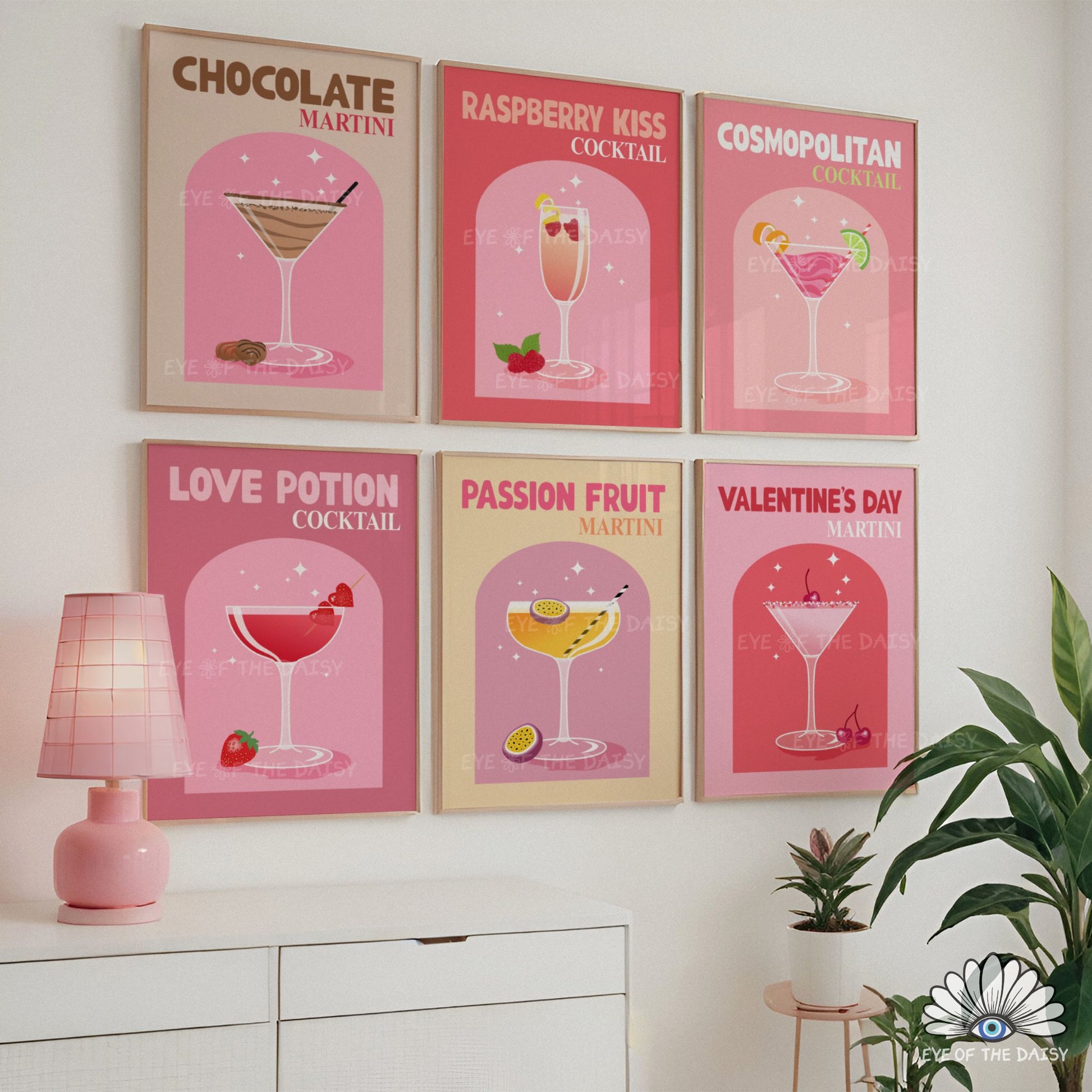 Retro Valentine’s cocktail digital prints, printable poster set of 6 for colorful modern kitchens, bars, or Galentine's parties, cute girly aesthetic
