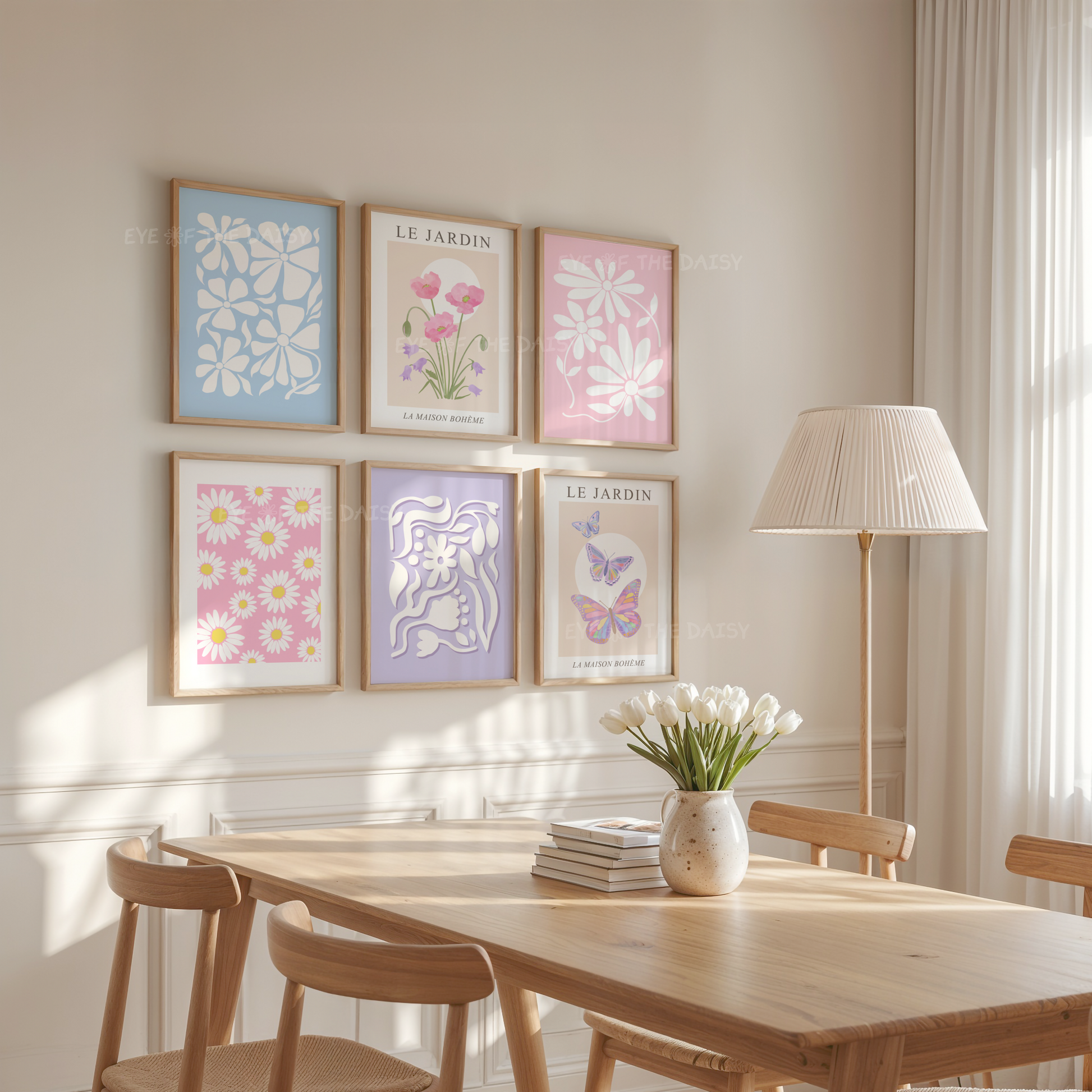 Feminine abstract botanical print set — pastel gallery wall of 6 digital posters in pink and lilac, perfect printable art for dining rooms