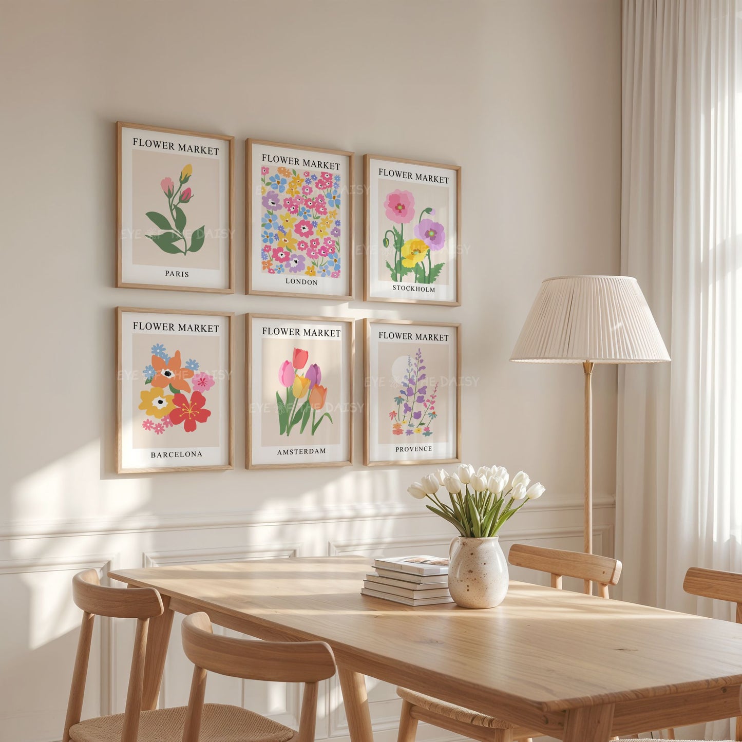 Set of 6 Flower Market exhibition posters in a modern Scandi style room, looks great in a trendy living room or apartment decor