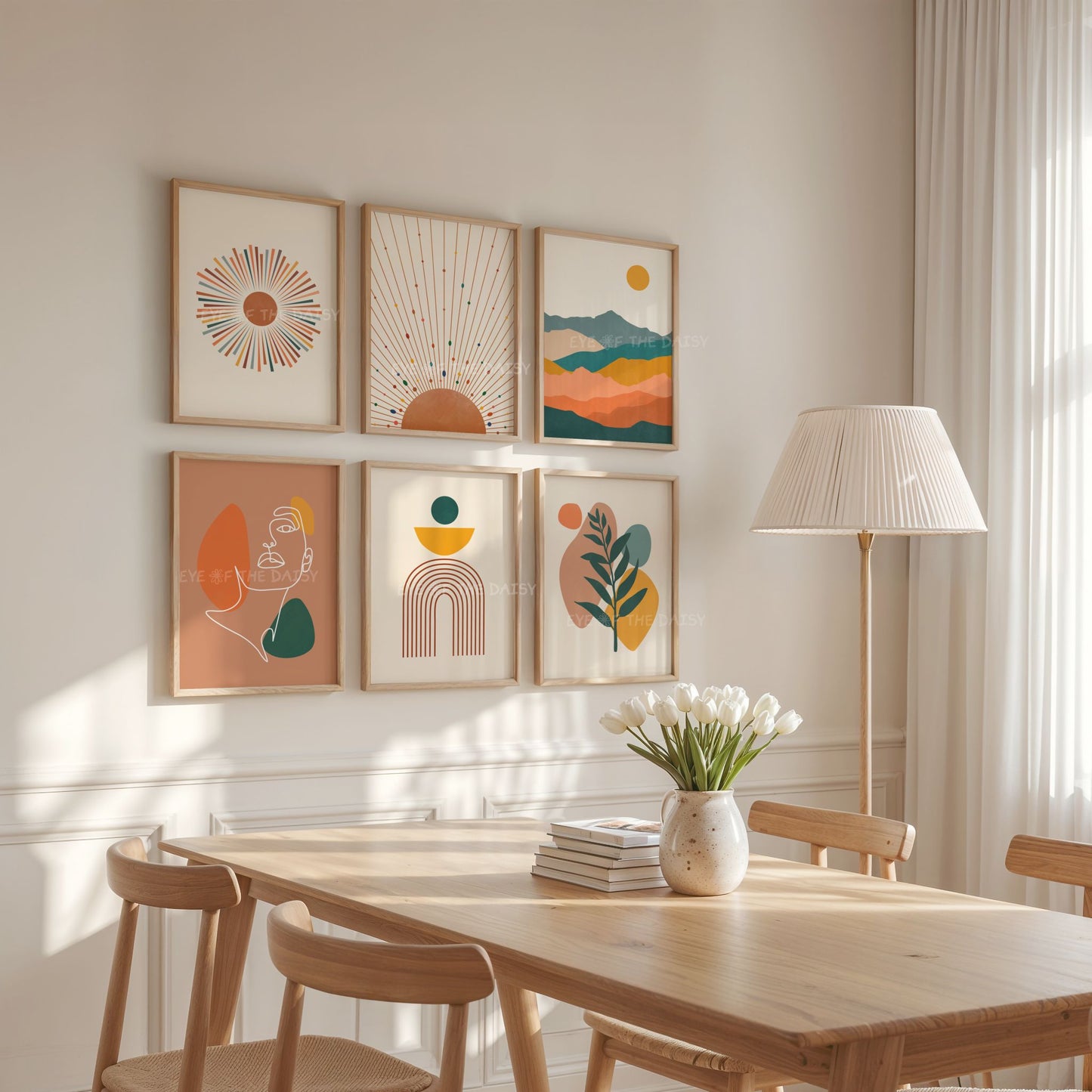 Boho gallery wall set of 6 prints with colourful mid century modern abstract botanical, shape and sun illustrations