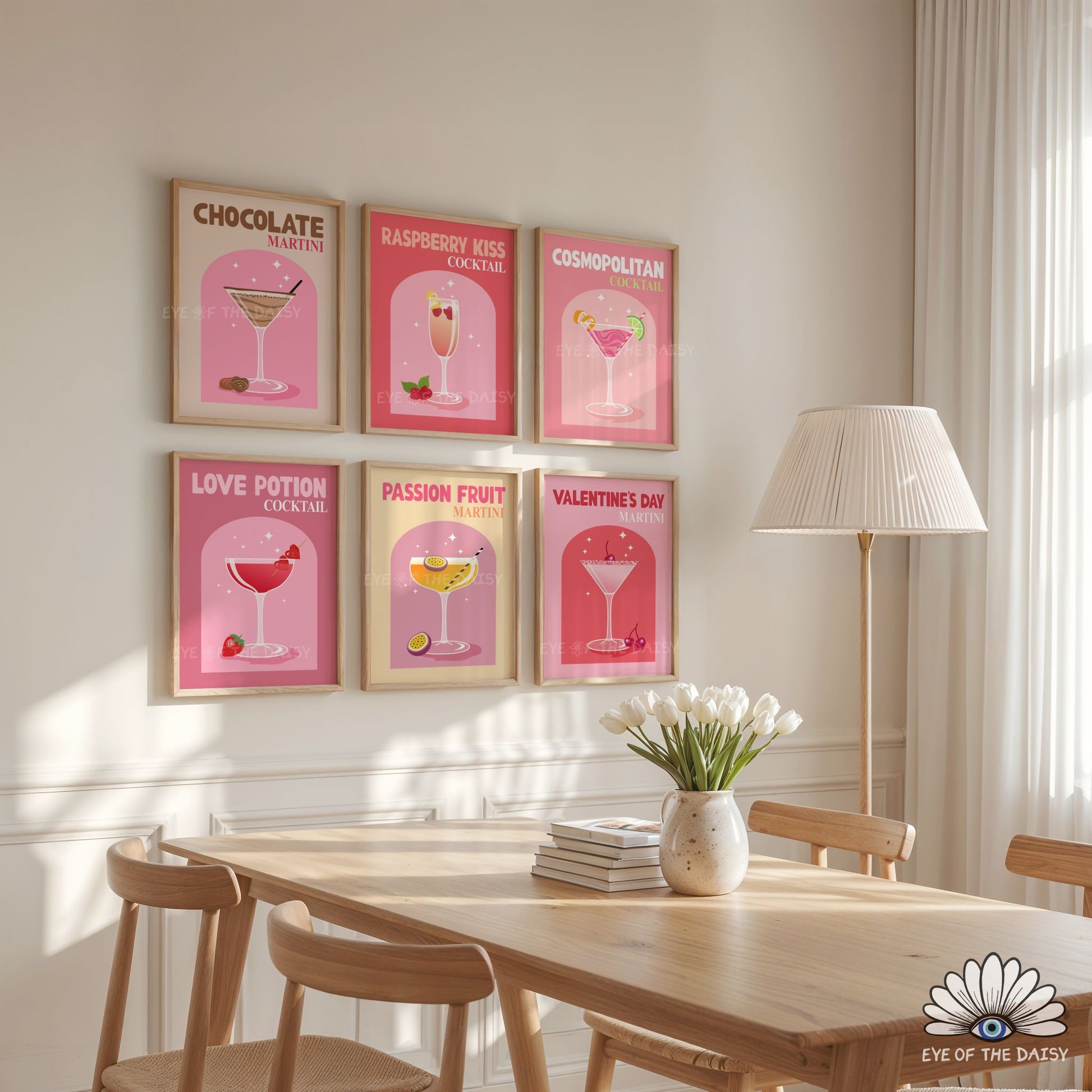 Vibrant Valentine’s cocktails printable wall art set, digital download poster bundle for kitchens, home bars, or Valentine's Day event