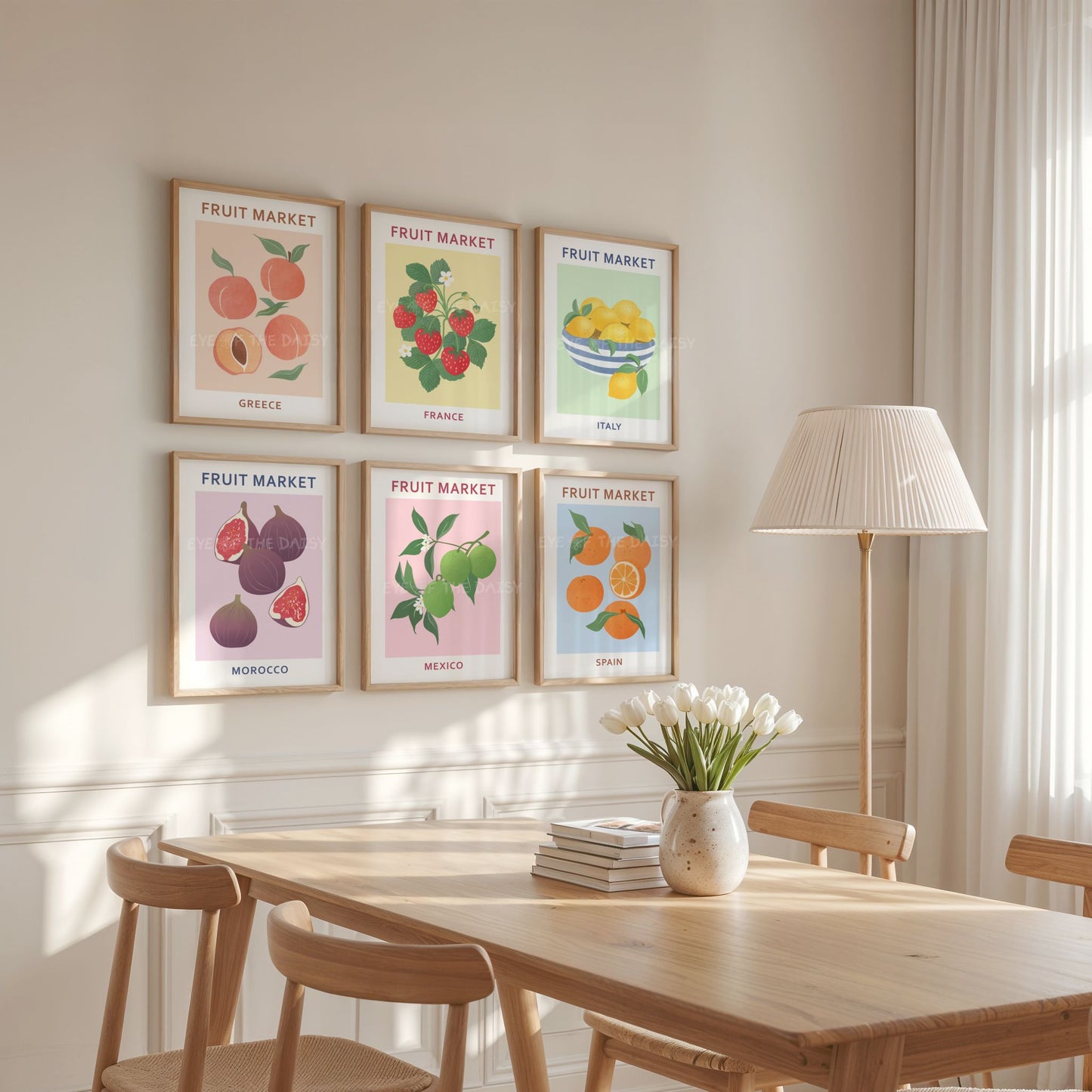 Fruit Market poster set of 6 — bright vibrant digital art prints for contemporary dining room or colorful Mediterranean wall styling