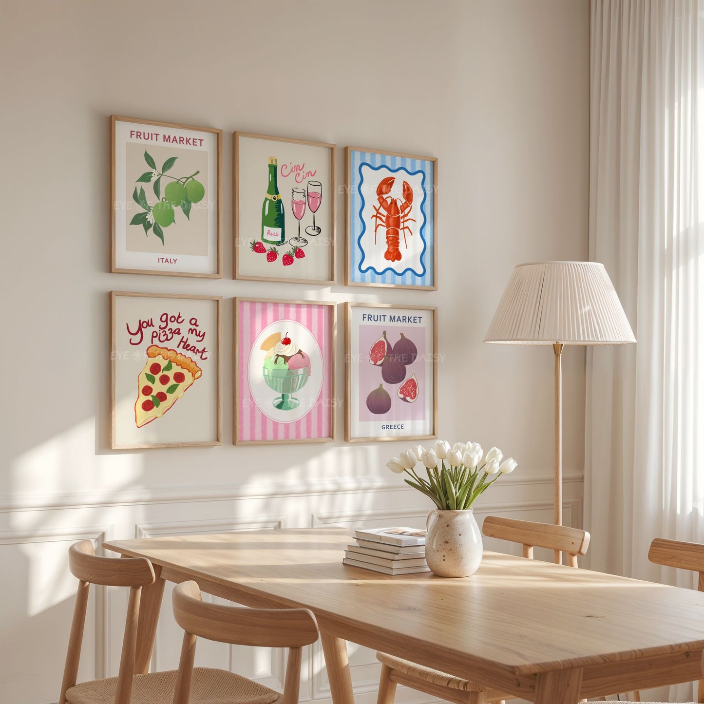 Set of 6 trendy Italian food & drink printable wall art prints in hand drawn contemporary style, great for a dinner party