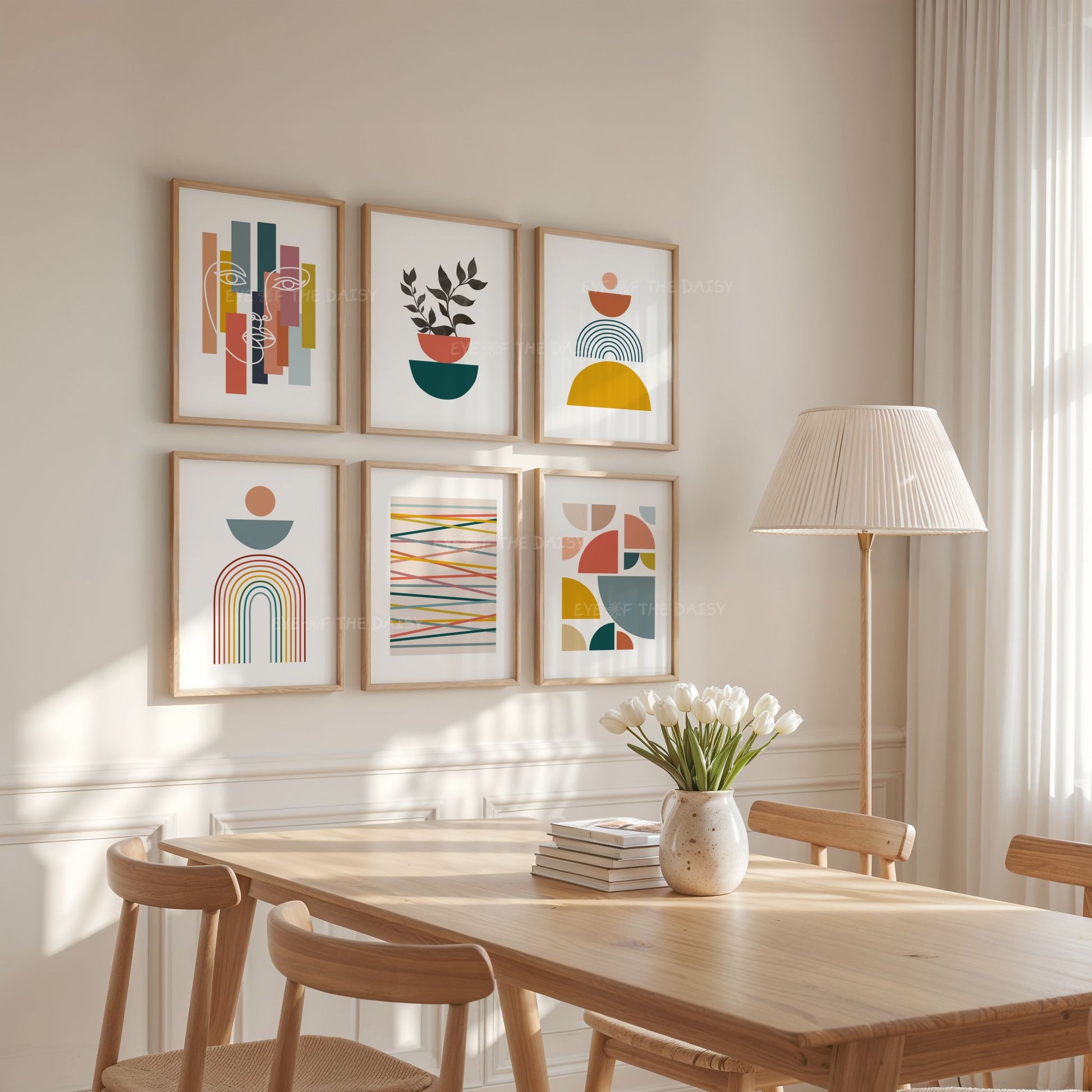 Contemporary abstract wall print set in dining room – digital printable wall art with a mid-century colour palette