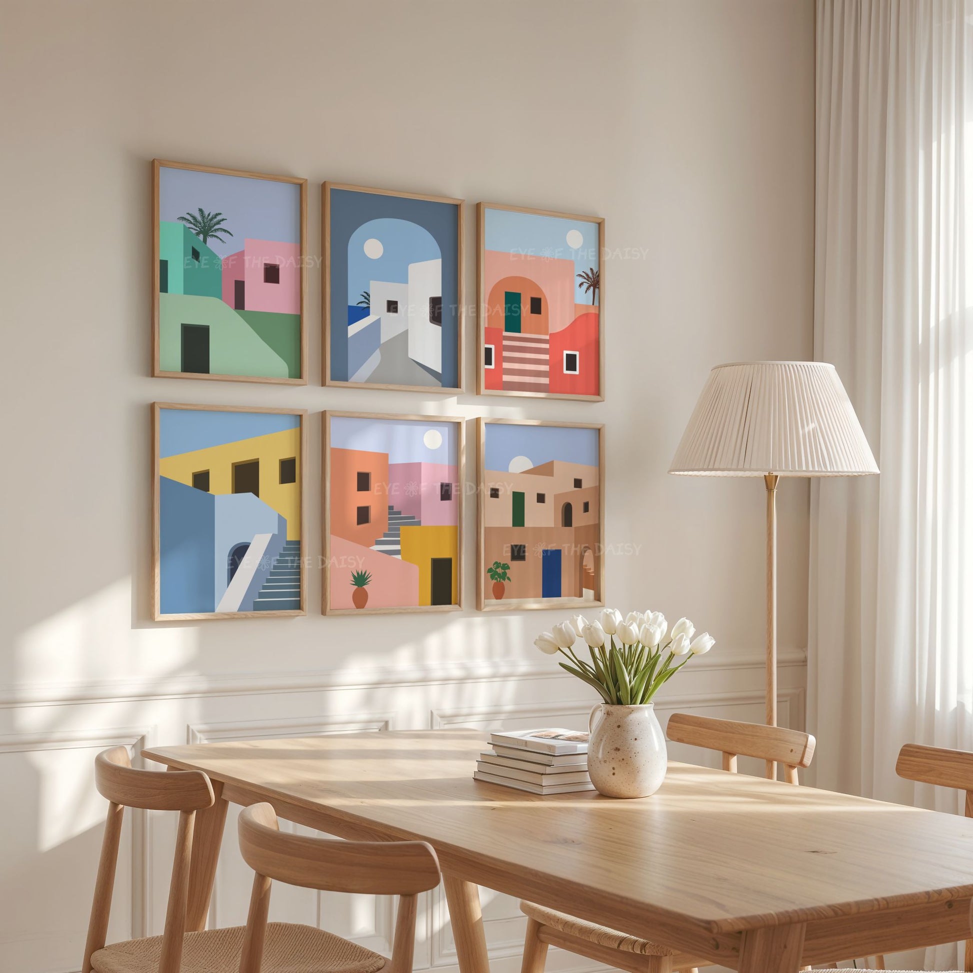 Colorful architectural prints for coastal interiors and summer rental wall decor, printable wall art set, downloadable gallery wall décor