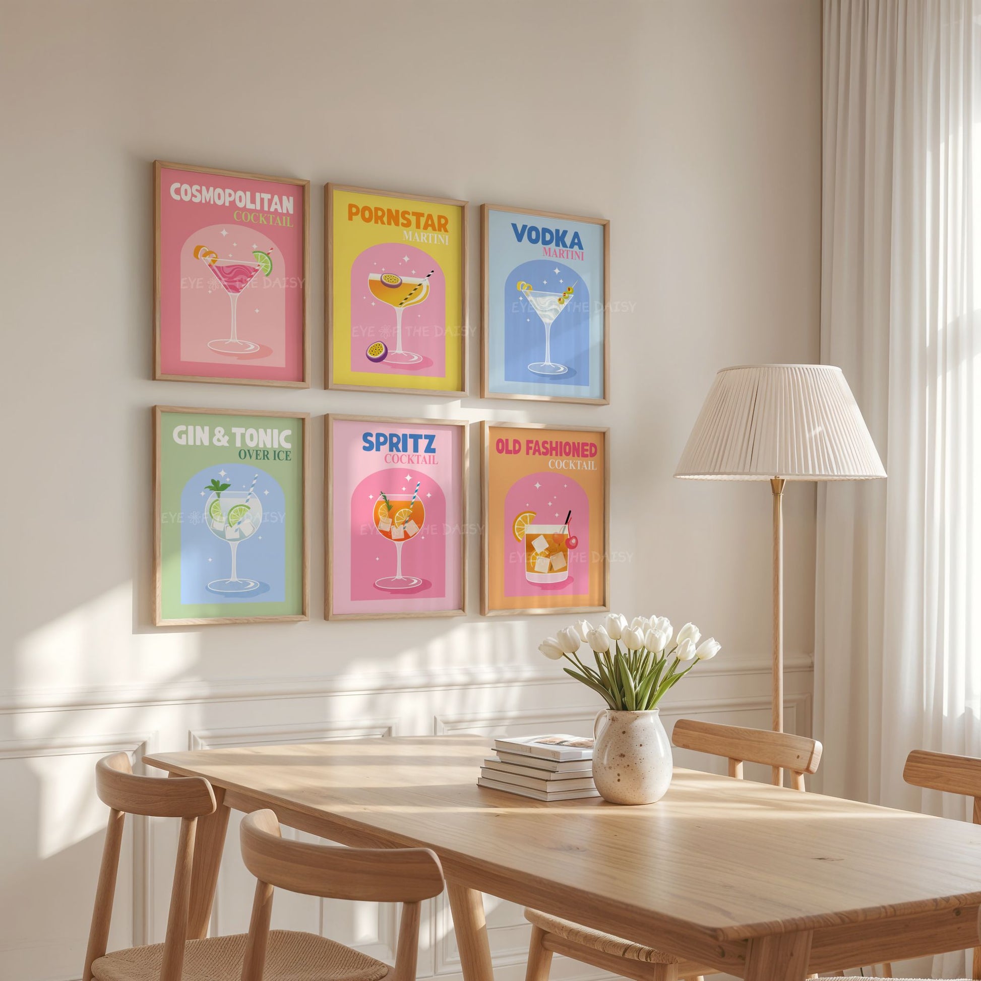 Retro bar poster download set for kitchen wall, set of 6 cocktail drink prints, printable eclectic artwork for modern fun spaces