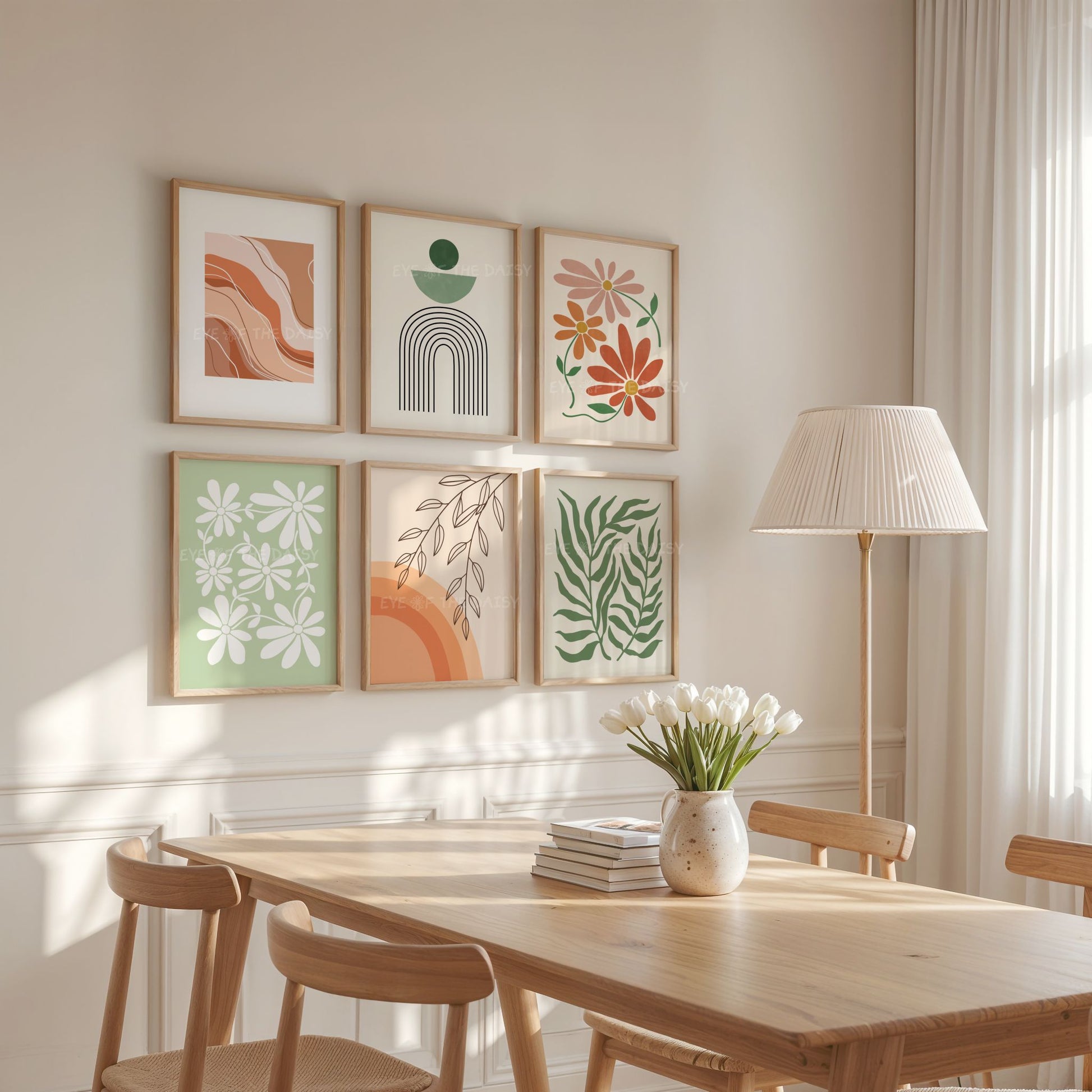 Set of six boho prints with abstract botanical and geometric shape designs in terracotta, beige, burnt orange, sage & dark green