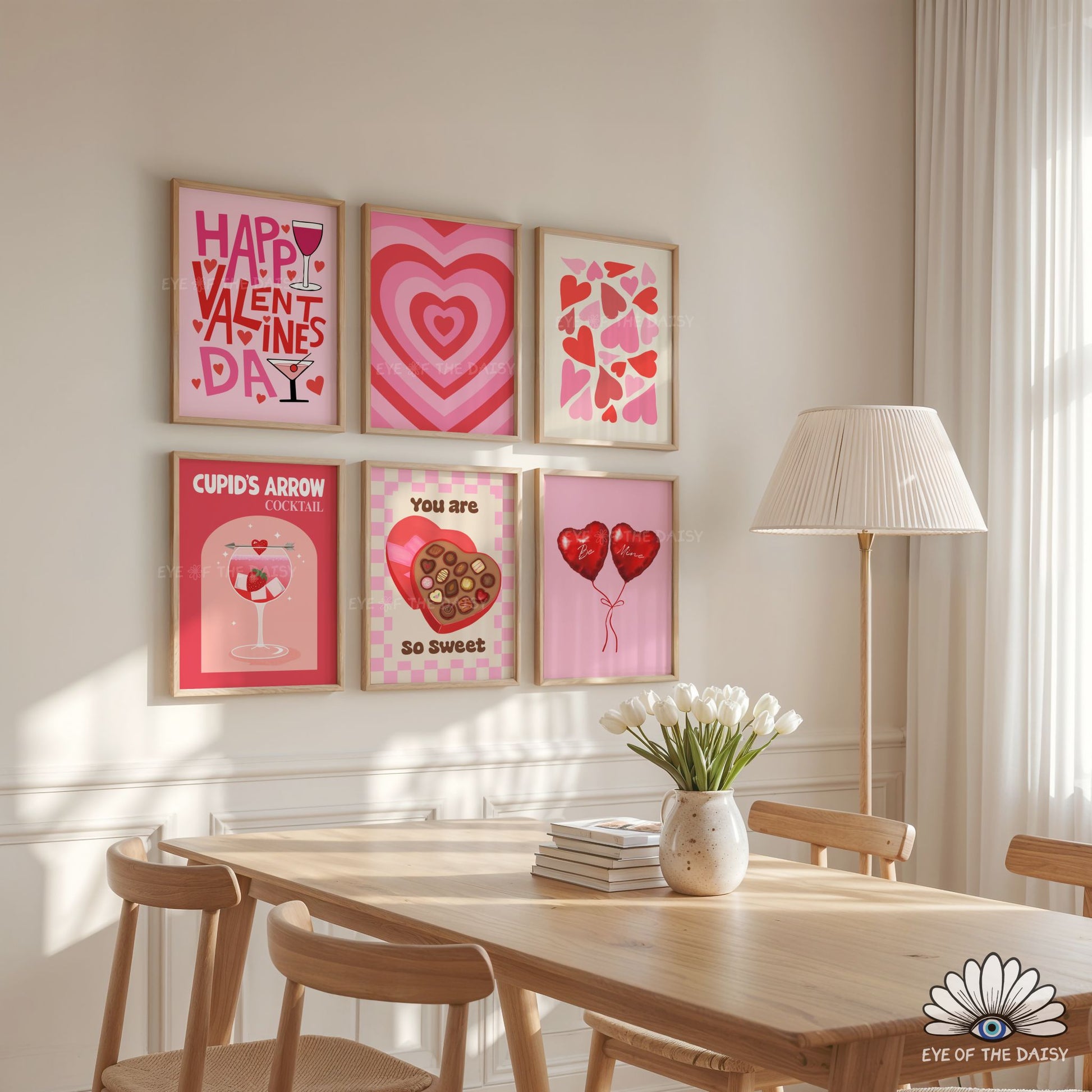 Red and pink Valentine’s poster bundle of 6 hand drawn digital prints, colorful gallery wall set for trendy, eclectic, preppy, apartment decor