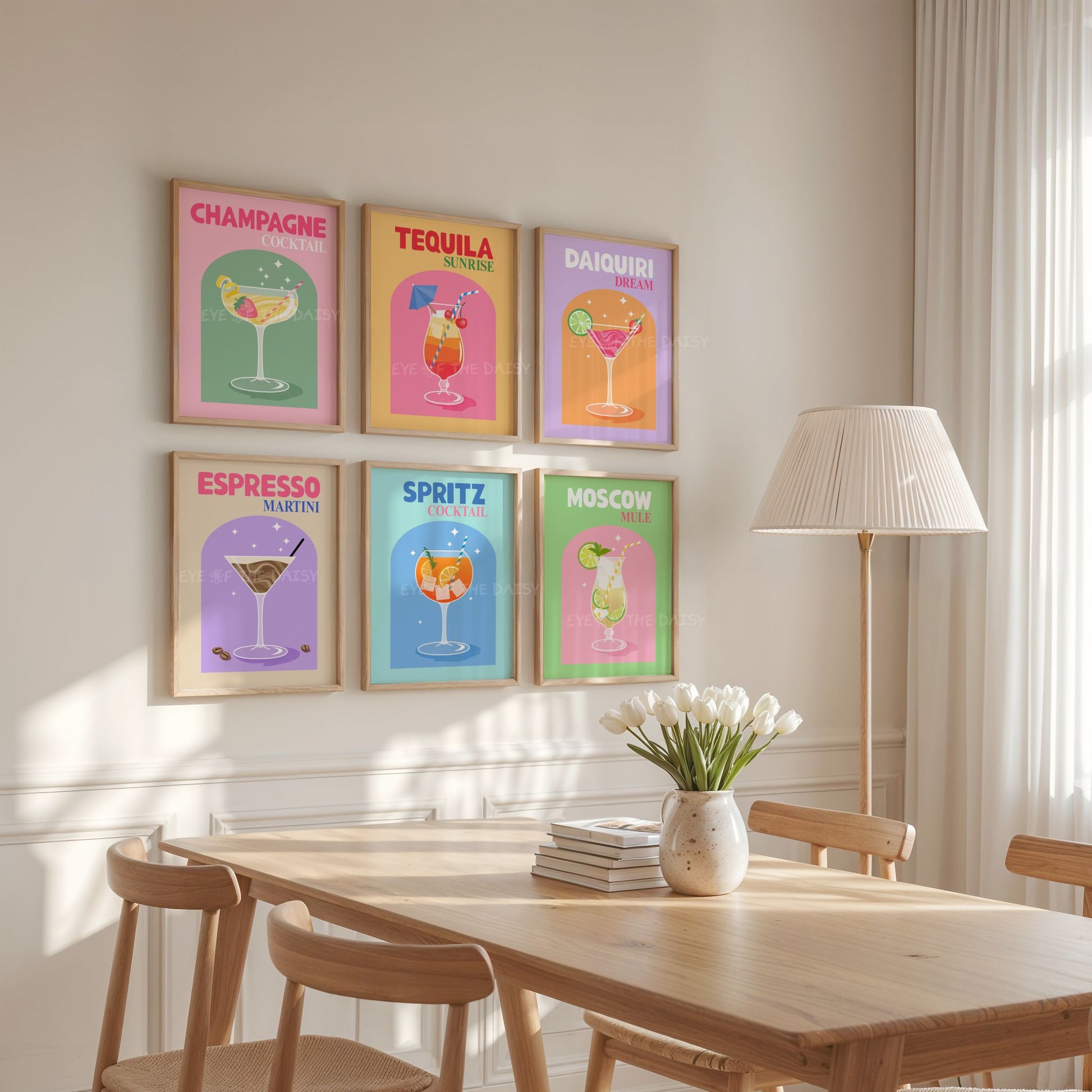 Gallery wall set of 6 trendy retro cocktail posters in vibrant colours of a Champagne cocktail, Tequila Sunrise, Daiquiri, Espresso Martini and Spritz