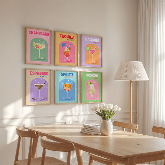 Gallery wall set of 6 trendy retro cocktail posters in vibrant colours of a Champagne cocktail, Tequila Sunrise, Daiquiri, Espresso Martini and Spritz